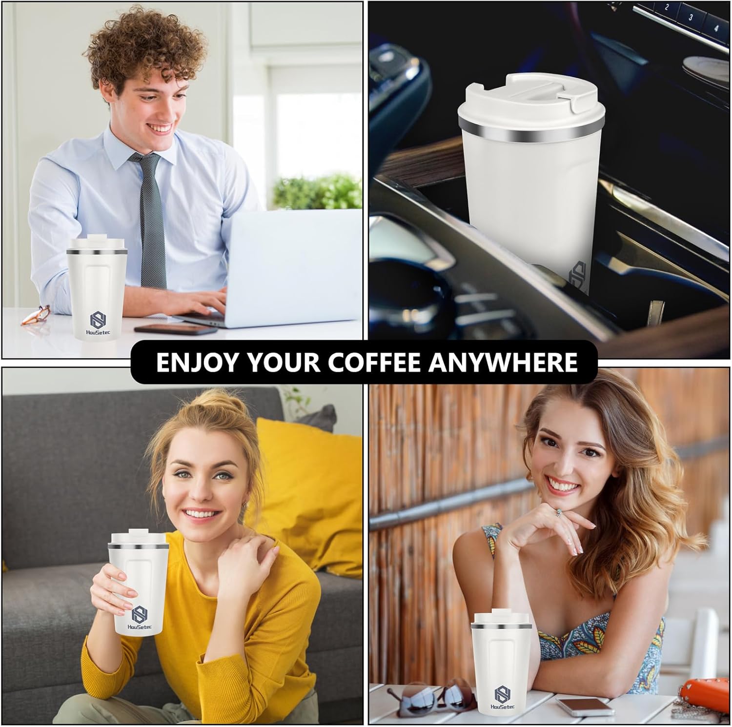 Elayce Taza de café, vasos de café con popotes y cepillos para pajillas, taza de café de viaje con tapas a prueba de fugas para mantener el agua