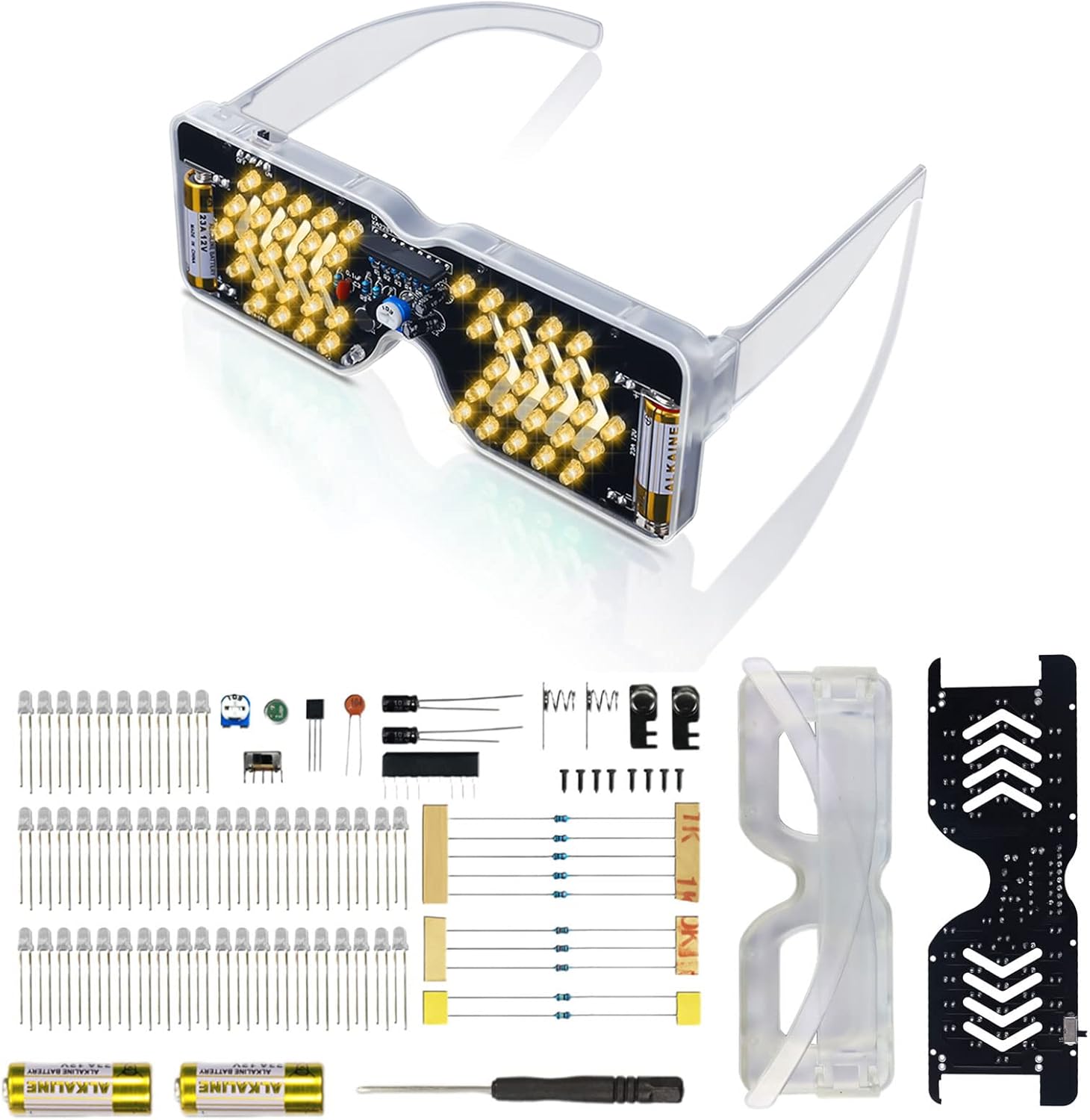 MiOYOOW Kit de práctica de soldadura, gafas de luz LED de Navidad, kit de electrónica con batería, lentes activados por sonido, proyecto de