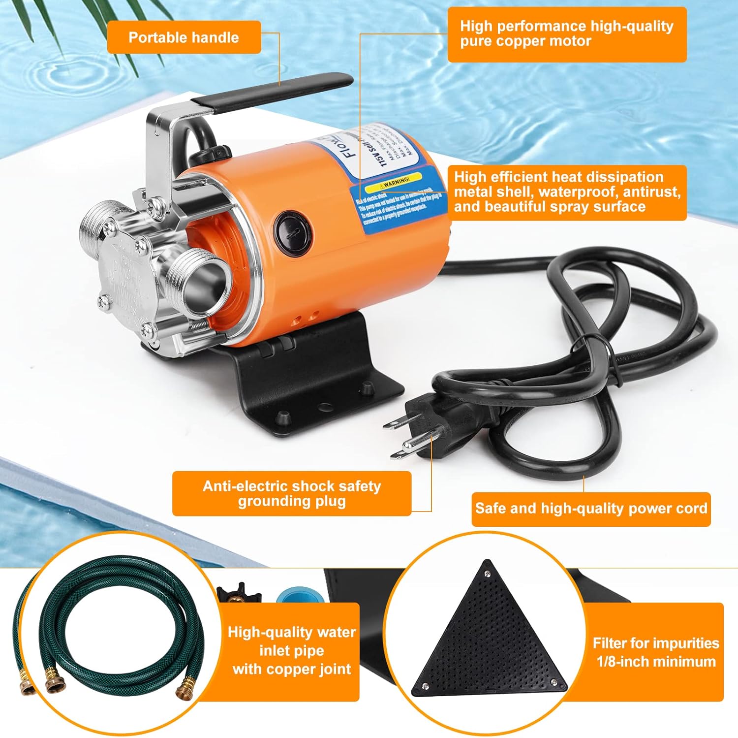 FLOWPAC Bomba de agua 115V 110 HP 330 GPH Bomba de transferencia de agua con puertos de 34 pulgadas manguera de succión e impulsor de repuesto Bomba