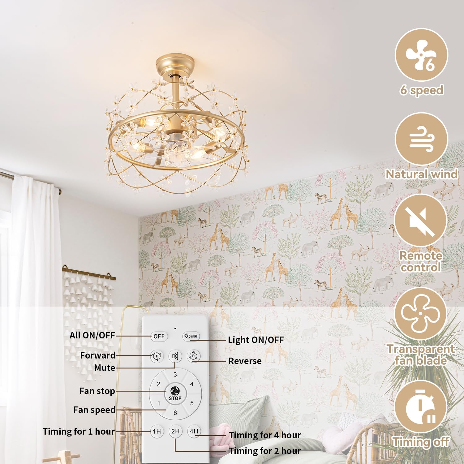 Ventilador de techo enjaulado dorado de 20 pulgadas con luz, ventilador de techo de araña de flores con control remoto de luces, lámpara de cristal
