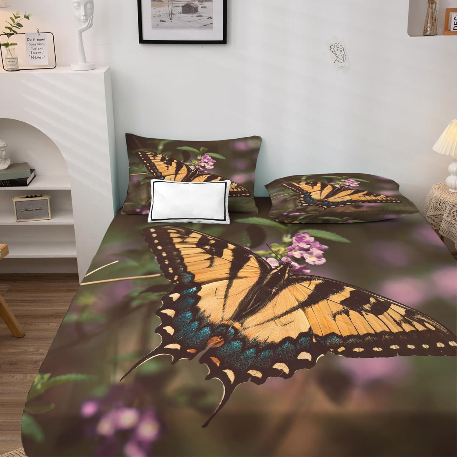 Juego de sábanas de mariposa tamaño California King, sábanas de flores de mariposas, sábanas y fundas de almohada estampadas de 4 piezas, sábana