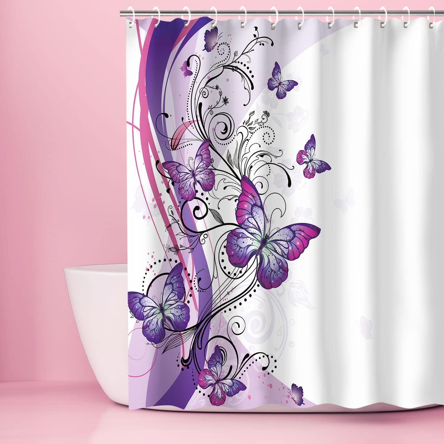 LIVILIAN – Cortina de ducha de mariposa con ganchos, cortina de ducha floral en remolino, cortinas de ducha de mariposa para baño, lavable a