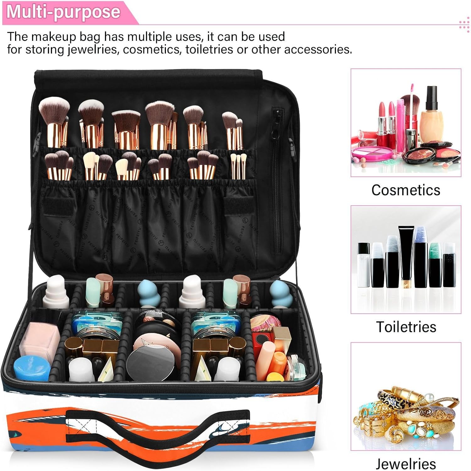 Bolsa de cosméticos roja de dibujos animados de tiburón, bolsa de viaje grande con compartimentos, bolsa de maquillaje portátil, neceser de viaje