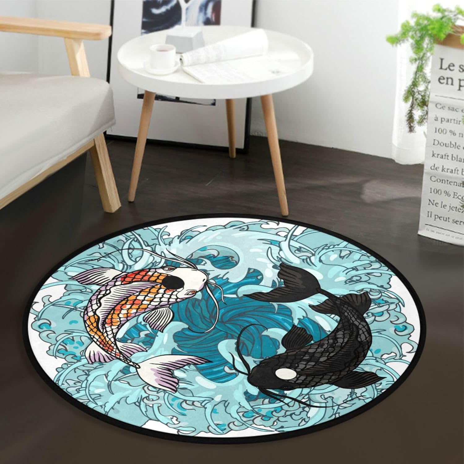 Realisti – Alfombra redonda de dos carpas Koi, de 3 pies, lavable, para dormitorio, sala de estar, ondas de agua, alfombra circular Yin Yang,