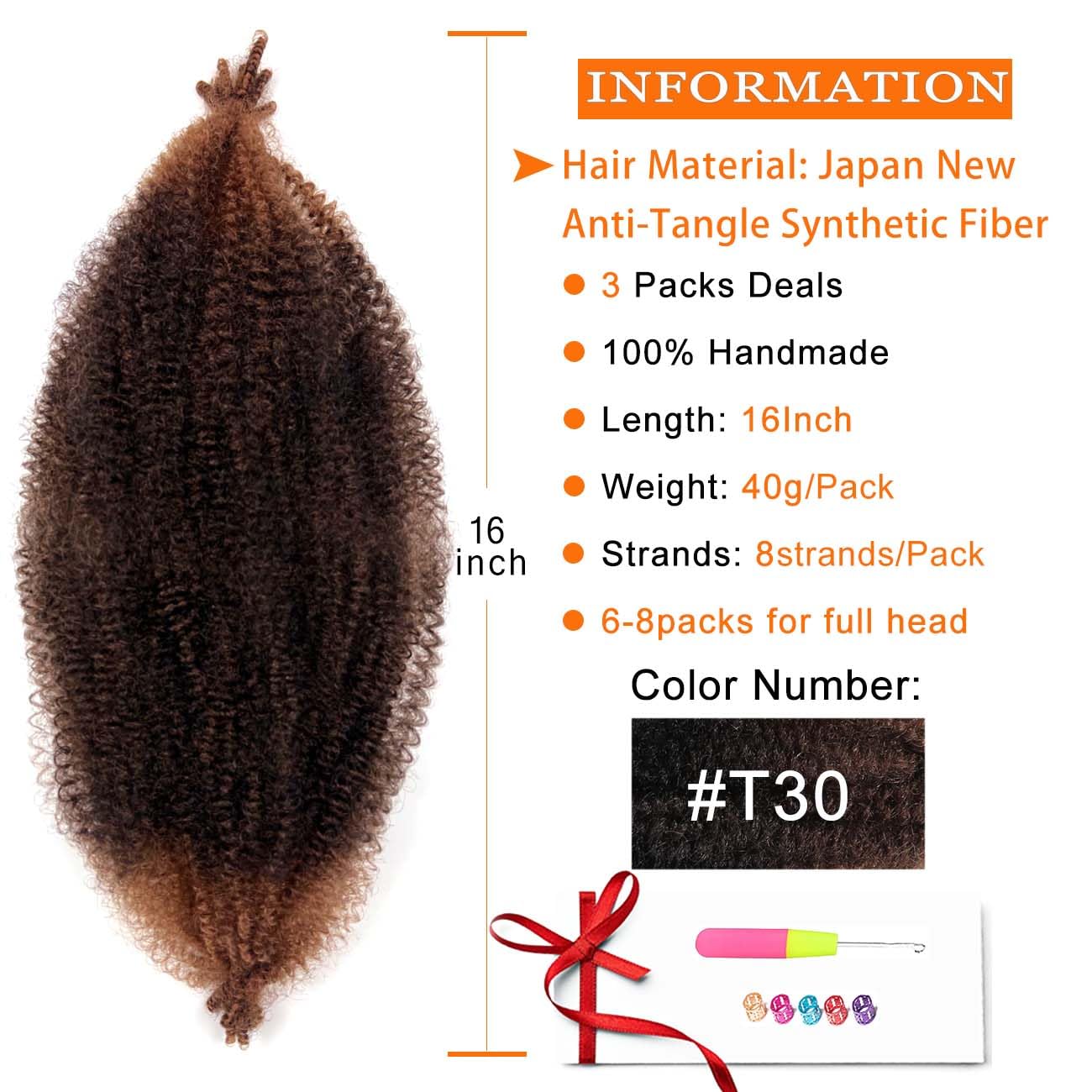 Cabello afro Twist marrón oscuro de 16 pulgadas, 3 paquetes de cabello afro trenzado T30 preesponjado, cabello afro Twist para rizos suaves (16