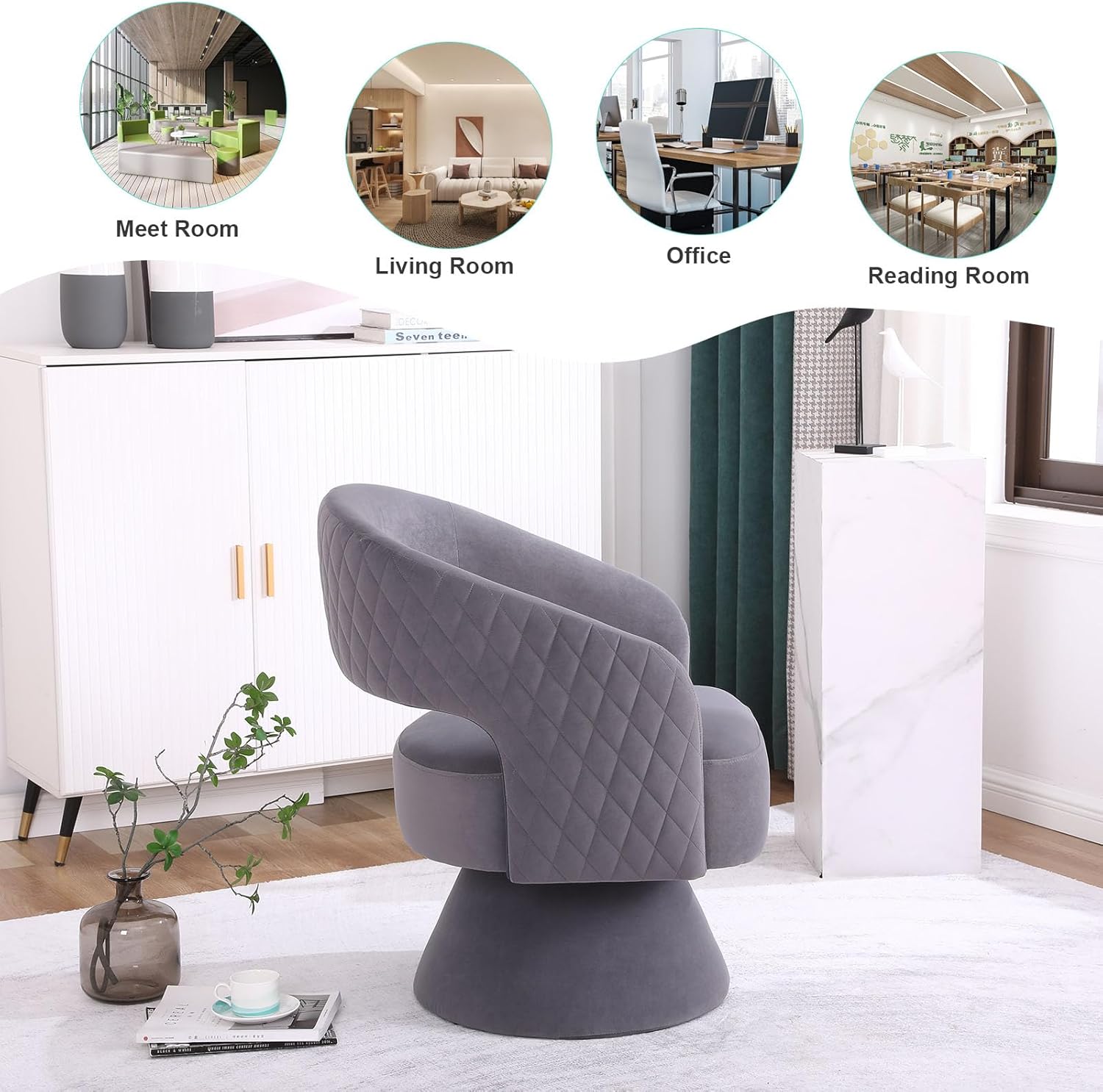 ODUWA Silla giratoria de barril de acento, moderna silla redonda de terciopelo con respaldo abierto curvo, cómoda silla giratoria de 360 grados para