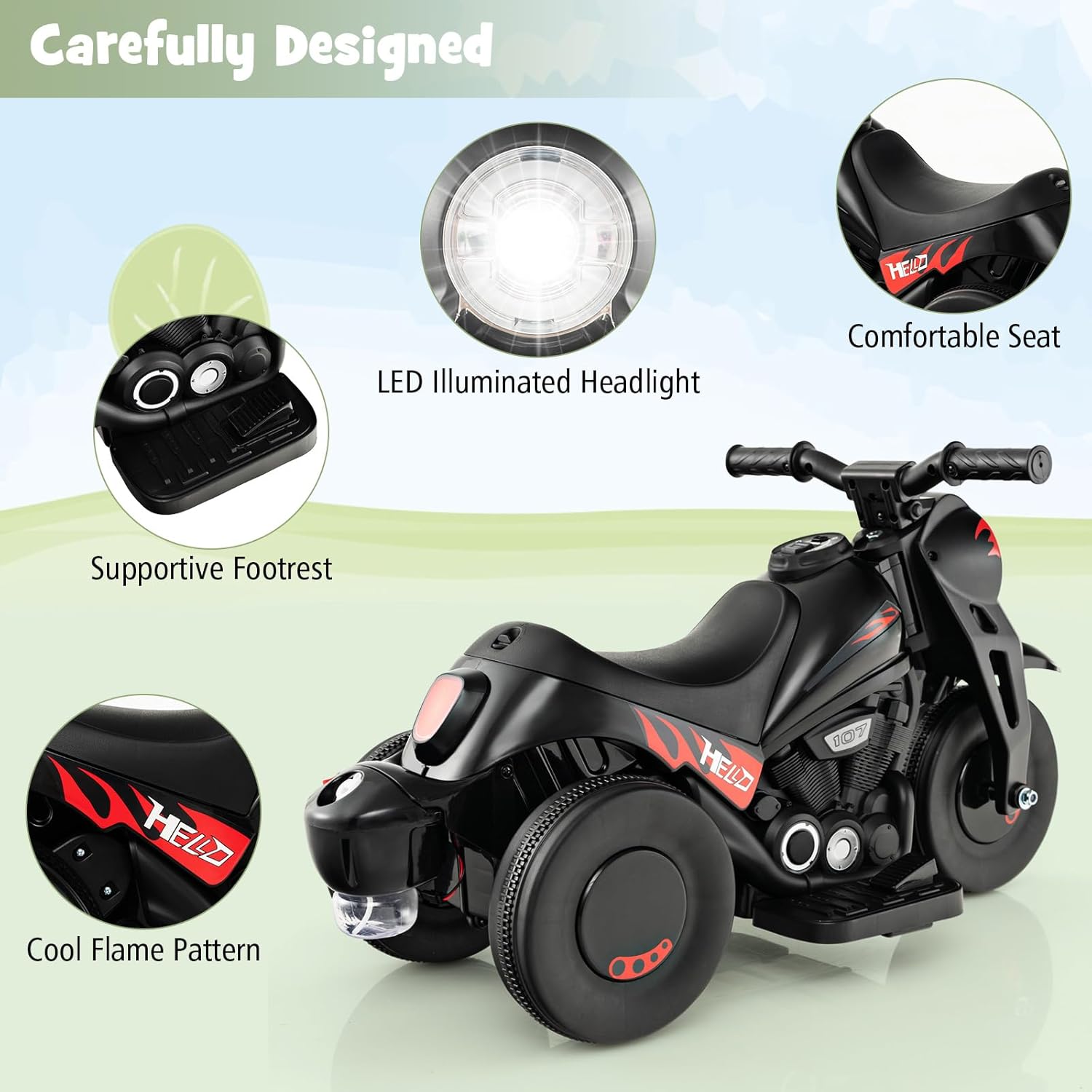 Costzon Motocicleta para niños, motocicleta de 6 V con fabricante de burbujas, música, faro LED, adelante y atrás, motocicleta eléctrica de 3 ruedas
