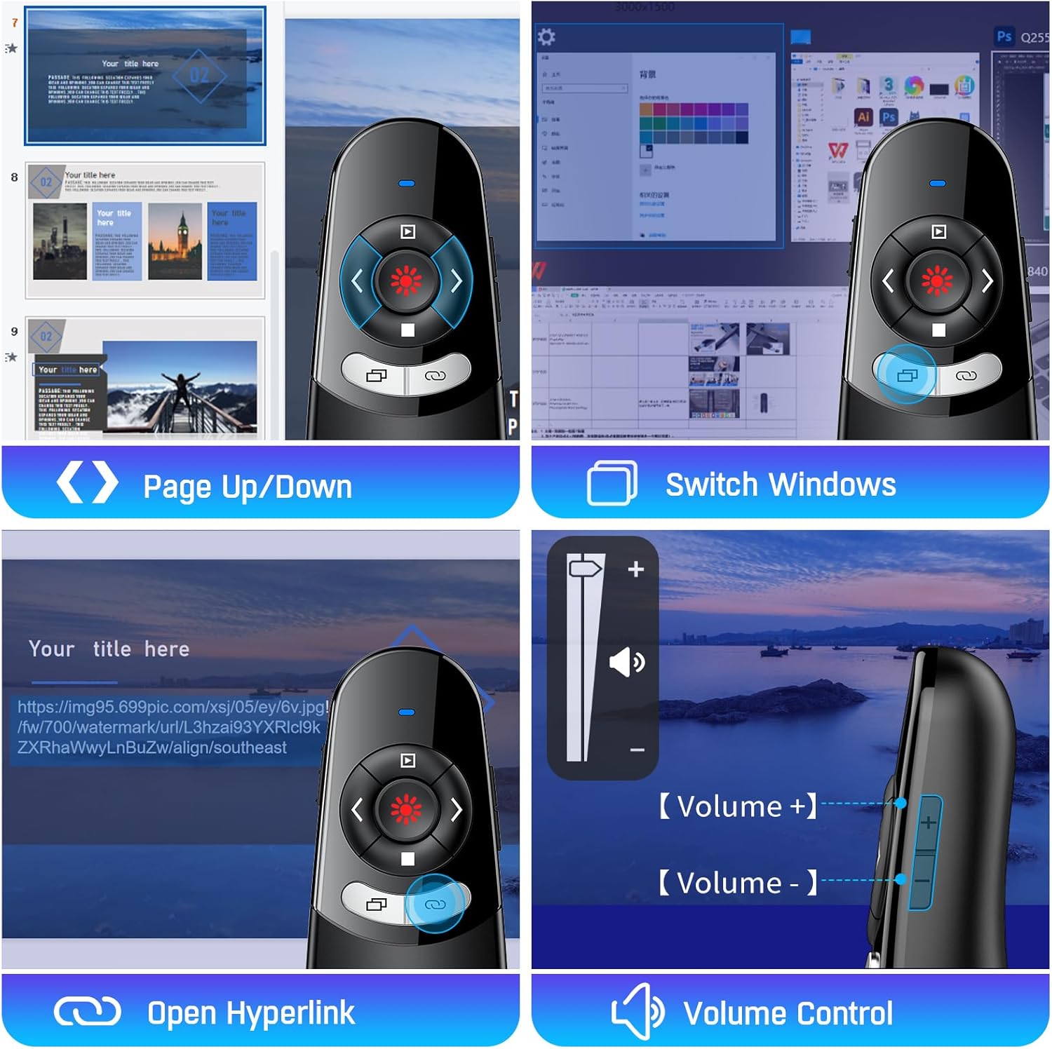 Clicker de presentación USB tipo C 2 en 1, con control de volumen, para presentaciones de computadora y portátiles