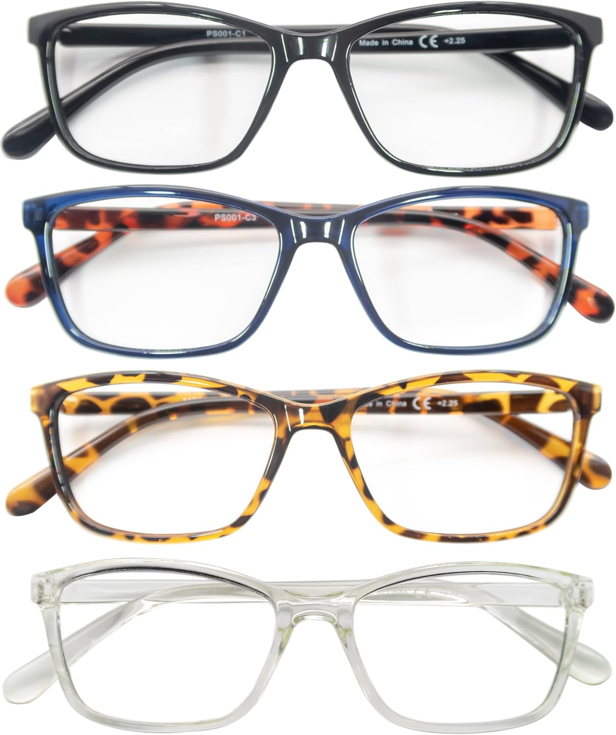 Gafas de lectura para hombres y mujeres, paquete de 4 + 1.75 lectores  Marco clásico cuadrado ligero con cómodas gafas de bisagra fuerte para leer