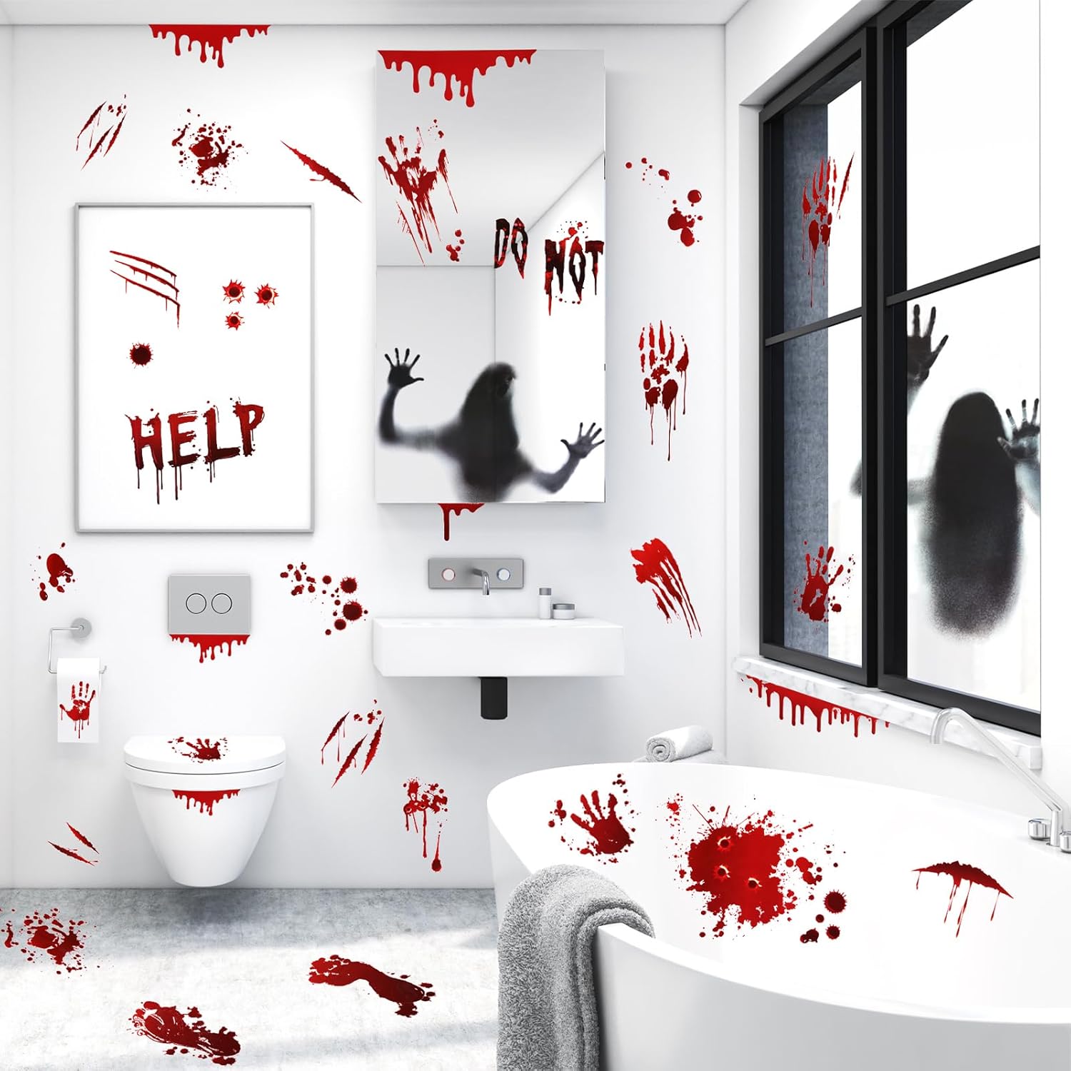 19 hojas de calcomanías de Halloween para ventana de automóvil, calcomanías rojas aterradoras y sangrientas, huellas de manos, huellas de terror,
