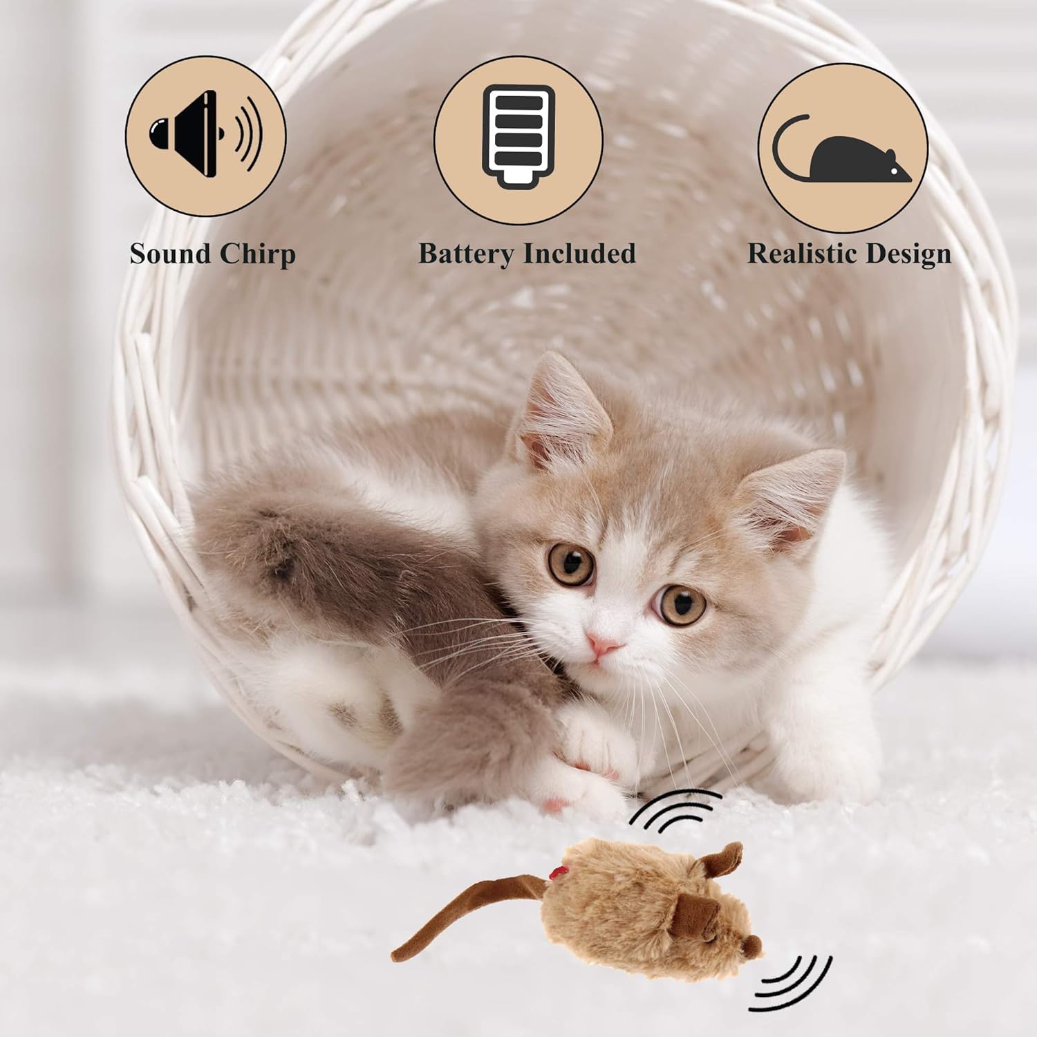 Vealind GiGwi – Juguetes interactivos para gatos, ratones móviles con sonido chirriante realista (café)