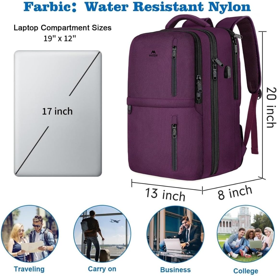 MATEIN Mochila de viaje, mochila de viaje grande para laptop de viaje de 40 L aprobada para hombres y mujeres