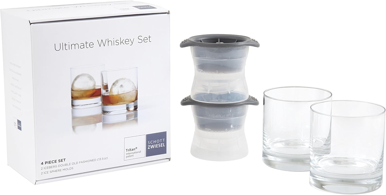 Schott Zwiesel Ultimate Whisky con 2 vasos dobles de barcóctel antiguos emparejados con 2 moldes de hielo de esfera grande, transparente