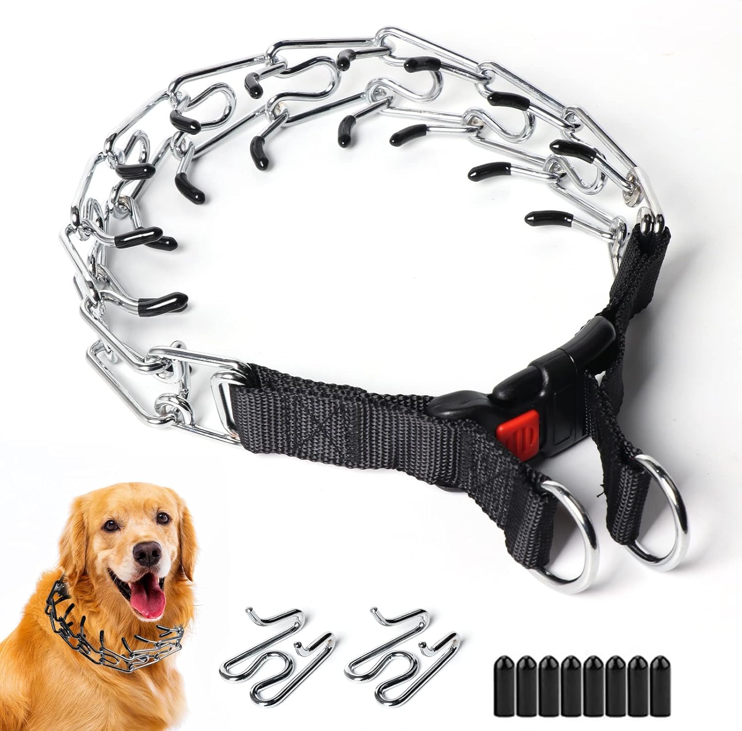 Collar de punta para perros, entrenamiento de caminar con hebilla de liberación rápida, collar ajustable con tapas de goma, no tirones, M (cuello 15
