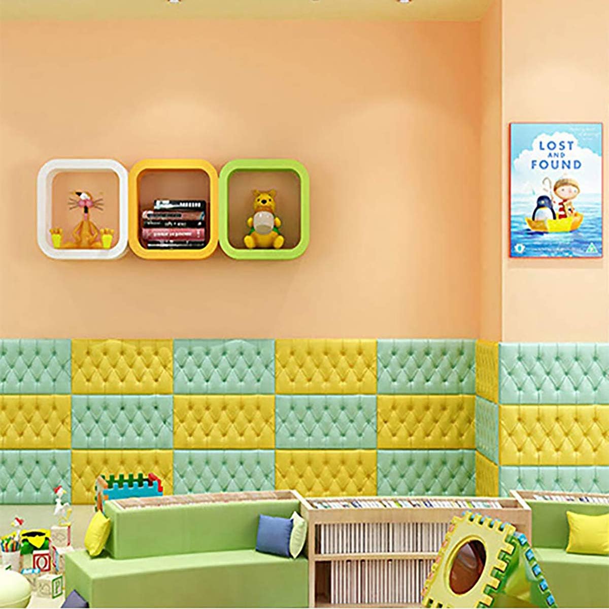 Paneles de pared de espuma autoadhesivos 3D, 23.6 x 11.8 pulgadas, decoración de cuero revestido, anticolisión, cojín suave para cubrir paredes,