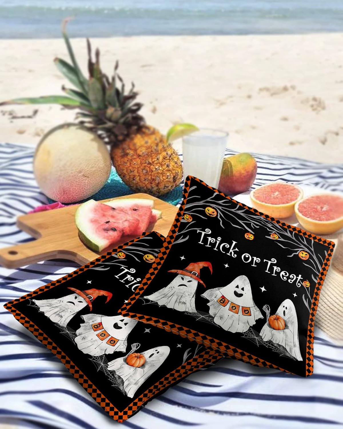Fundas de almohada impermeables para exteriores, 16 x 16 pulgadas, diseño de fantasma y calabaza, sombrero de bruja, fundas de cojín decorativas