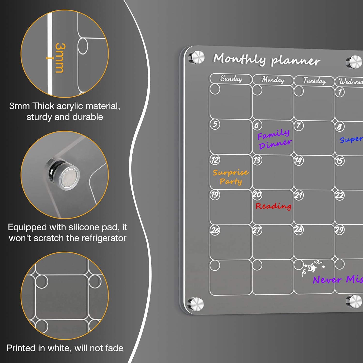 Calendario magnético acrílico para refrigerador de 16 x 12 pulgadas, calendario mensual transparente, pizarra magnética de borrado en seco para