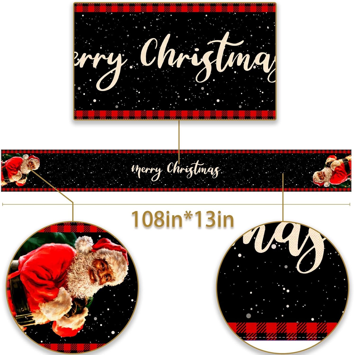 Camino de mesa de Navidad afroamericano, a cuadros, de Papá Noel, color negro, a cuadros, vacaciones, fiesta, cocina, comedor, decoración del hogar