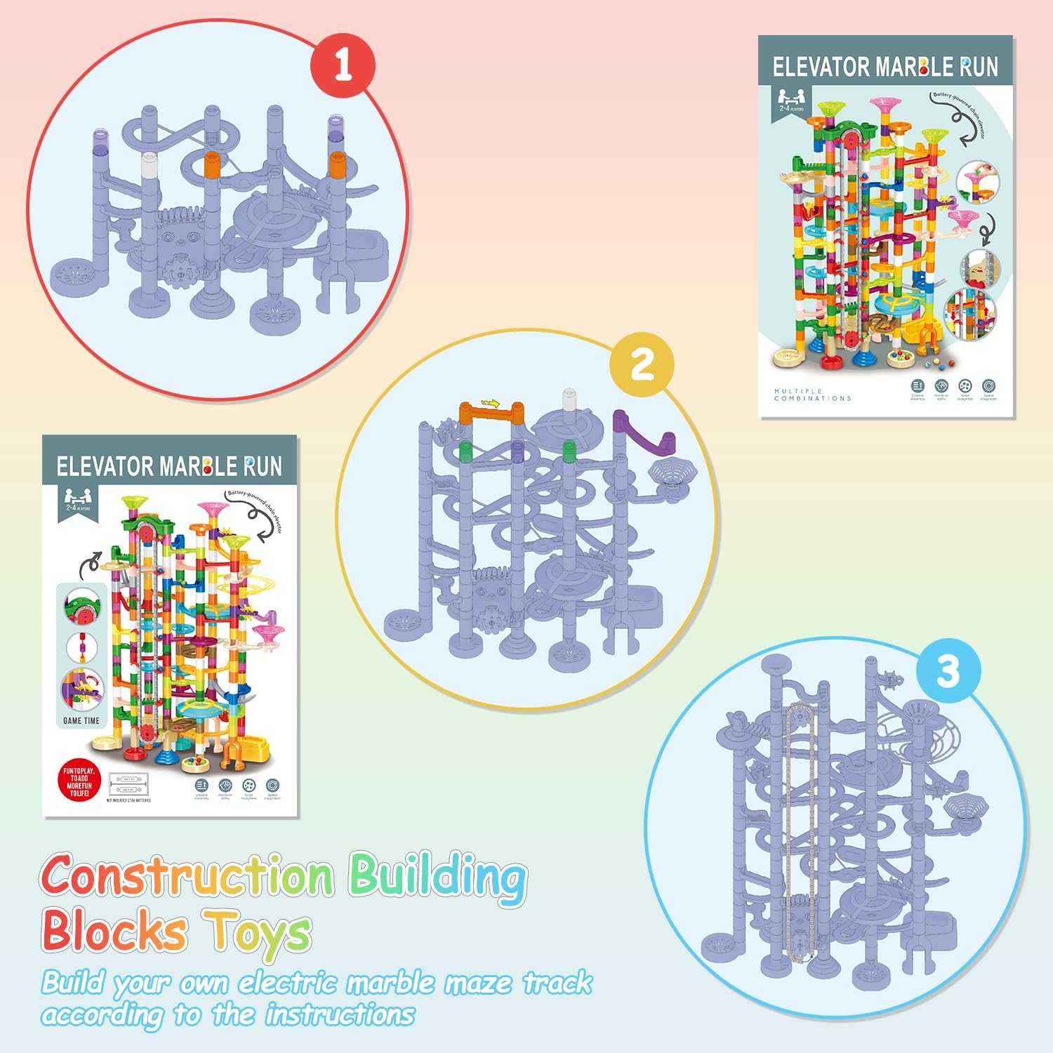 Marble Run con elevador motorizado, 310 piezas de bloques de construcción de juegos de laberinto, juguetes con canicas de plástico brillantes de