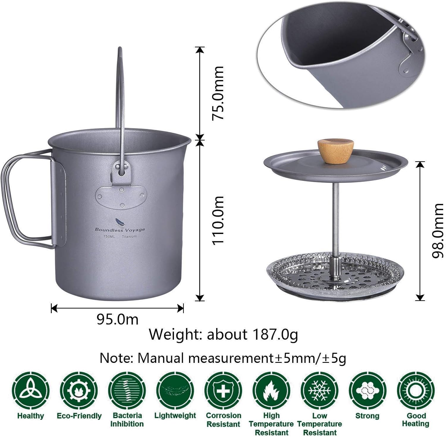 Boundless Voyage Taza de café de titanio con tapa, 25.4 fl oz  30.4 fl oz, olla de prensa francesa, 2530 fl oz, taza de campamento con filtro, olla