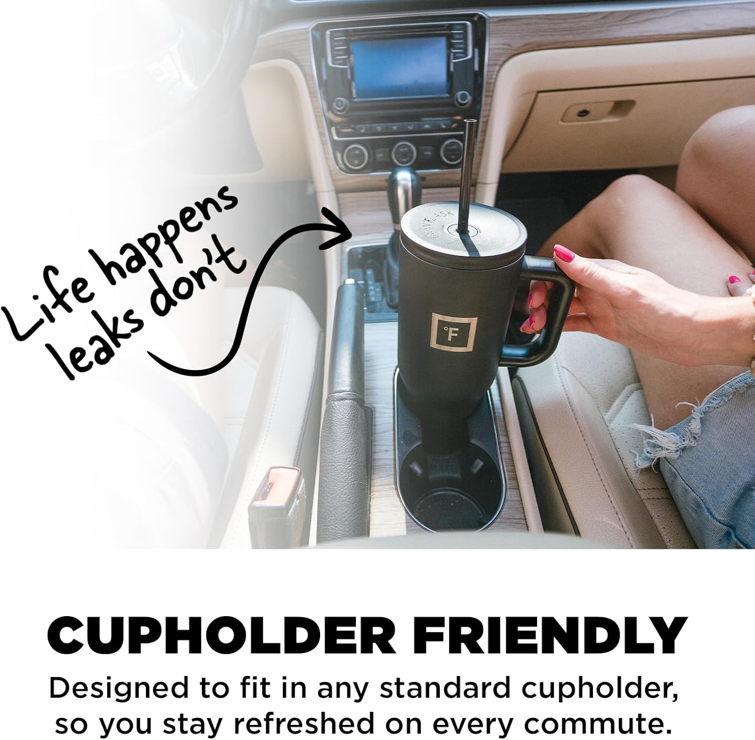 IRON FLASK Co-Pilot – Vaso aislado con popote y tapas abatibles, botella portavasos, para bebidas calientes y frías, a prueba de fugas, agua, taza