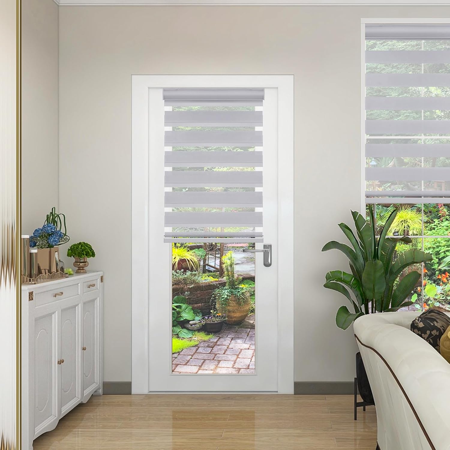 Changshade Persianas para ventanas sin cordón, con diseño de cebra, enrollables para puertas corredizas de vidrio, filtro de luz, tela de doble capa