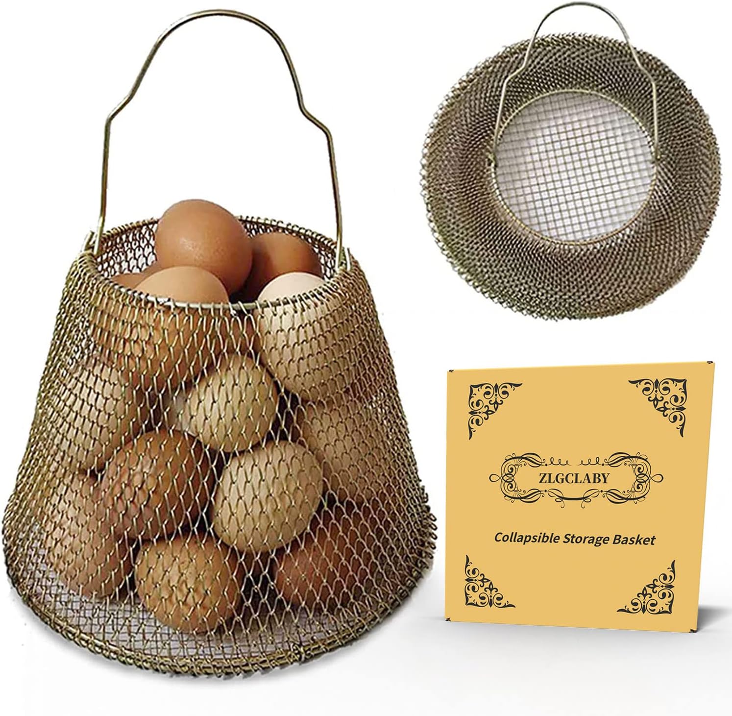 Cesta para huevos, cesta de almacenamiento de alambre, cesta colgante de metal plegable, cesta vacía de regalo de Navidad con asas, cesta para