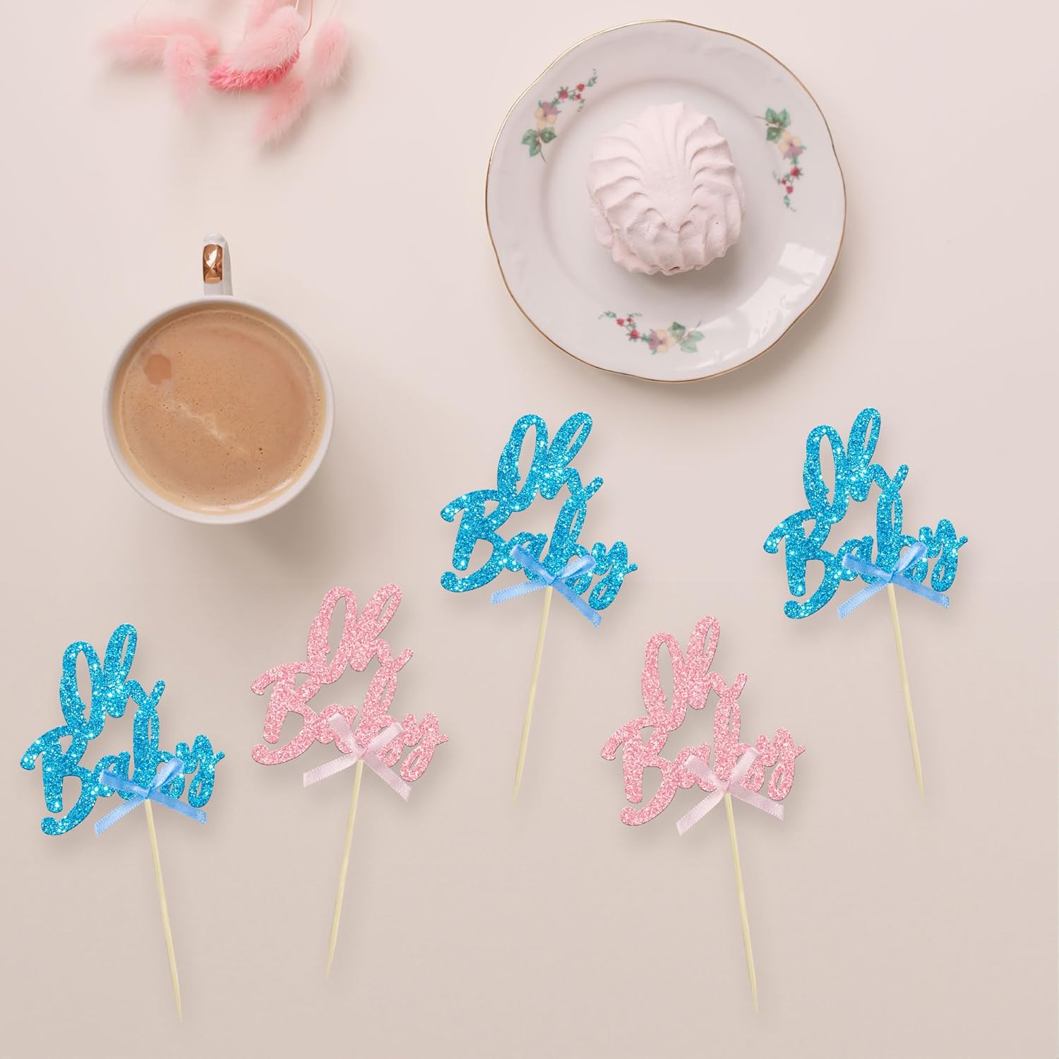24 piezas Oh Baby Cupcake Toppers Glitter Baby Shower Cupcake Picks con lazo rosa y azul revelación de género decoraciones para cupcakes para niños