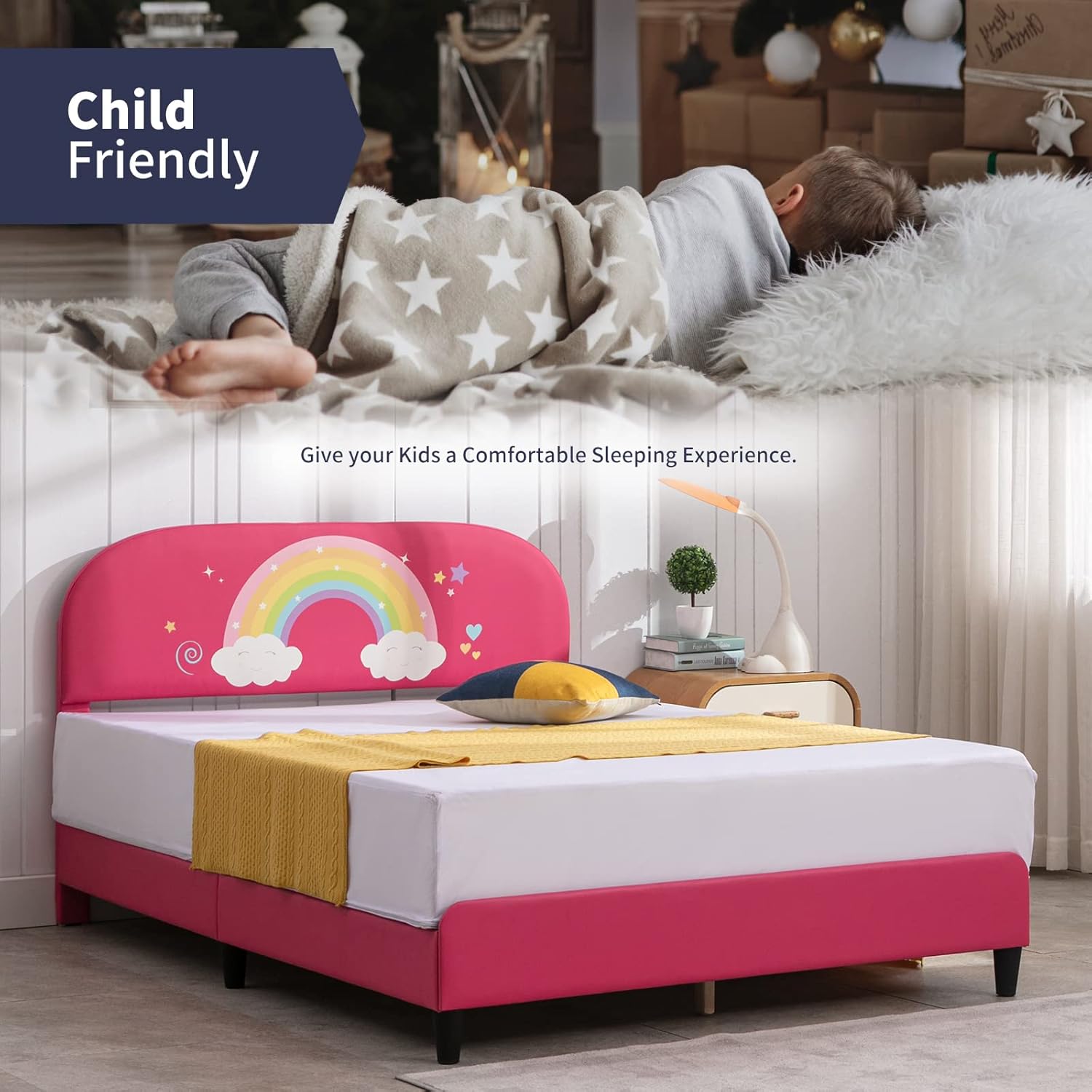 Zafly – Marco de cama matrimonial para niños, marco de cama infantil con cabecera tapizada, cabecera y estribo curvados, marco de cama de madera de