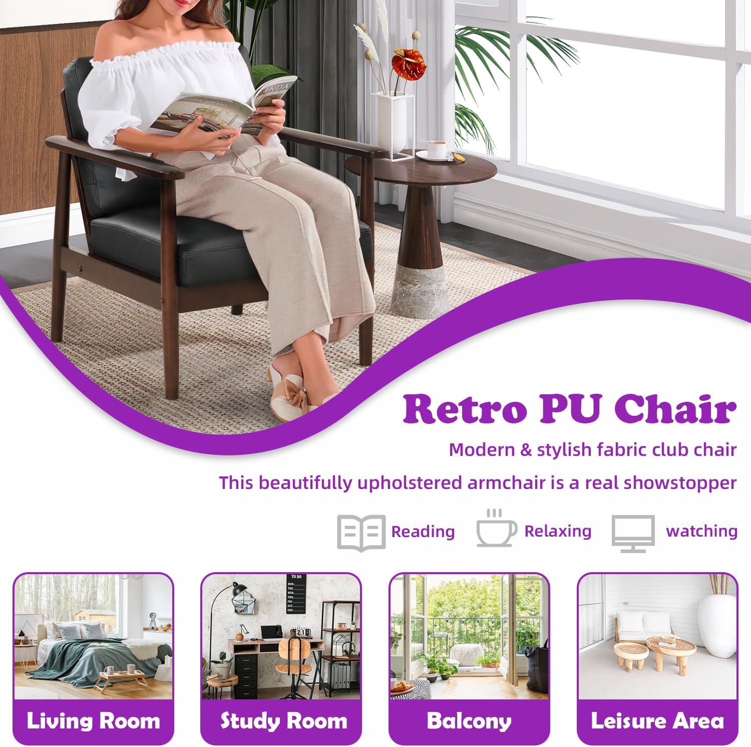TYBOATLE Sillas decorativas retro modernas de mediados de siglo, sillón tapizado de piel sintética con marco de madera maciza y cojines extraíbles,