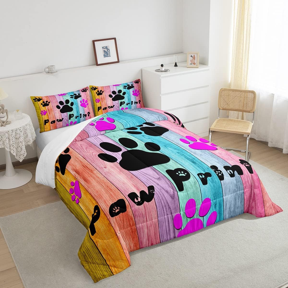 Erosebridal Juego de ropa de cama con estampado de patas, decoración colorida de patas de perro, diseño de pared de madera rústica, edredón tamaño