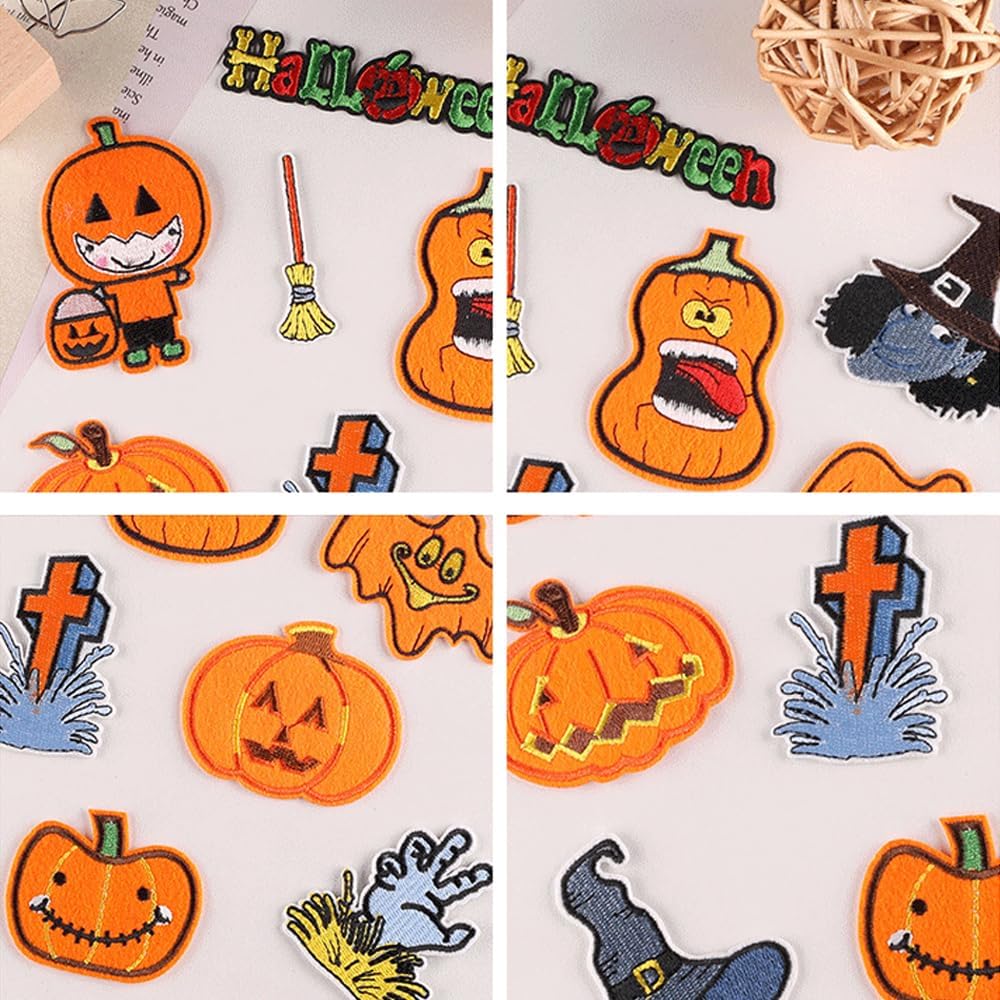 12 parches para planchar de Halloween, calabaza naranja, bruja para coser en apliques bordados, parches de reparación, accesorios de manualidades,