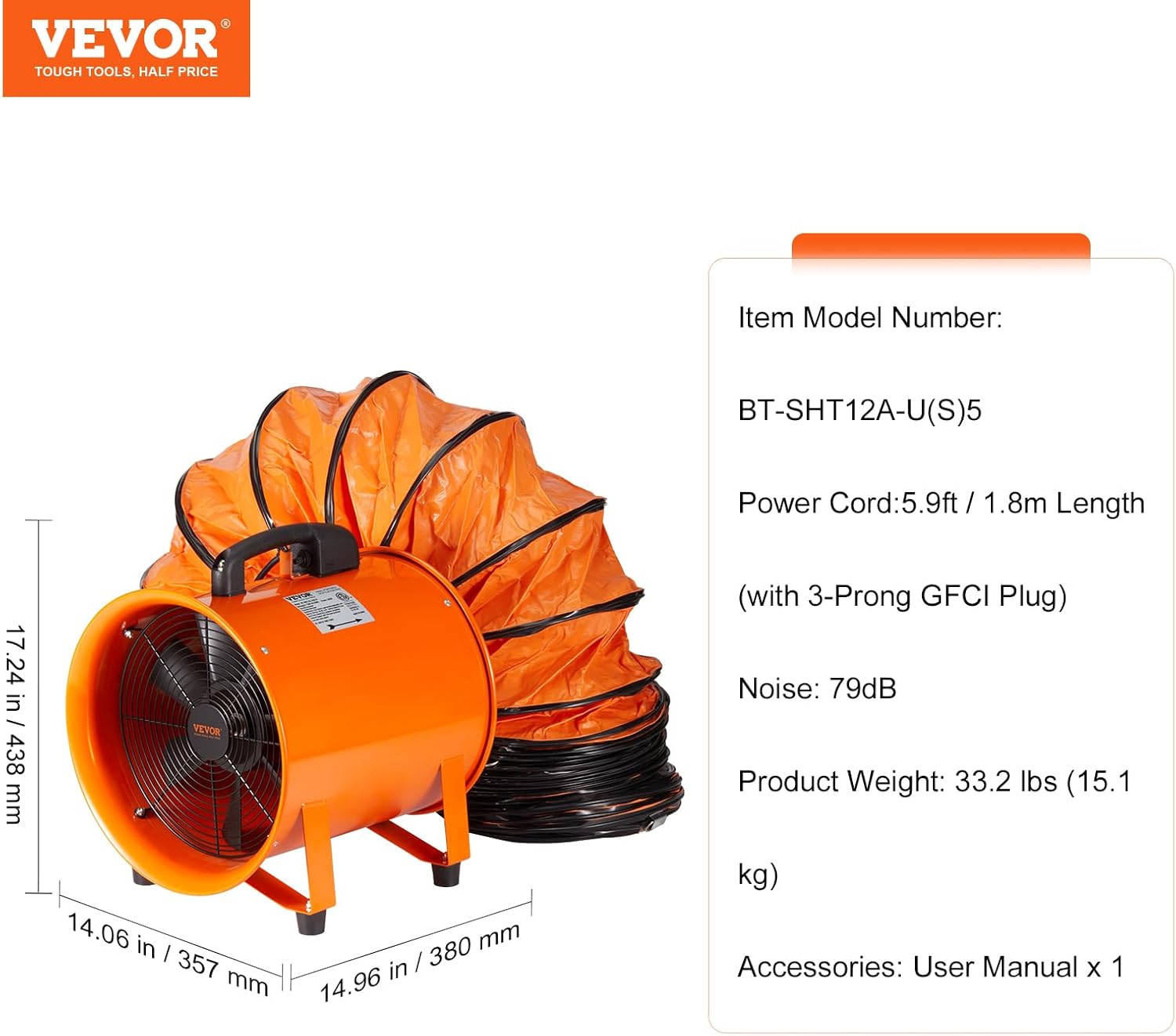 Ventilador de ventilador portátil utilitario, 12 pulgadas, 585 W, 3198 CFM, cilindro de alta resistencia con manguera de conducto de 16.4 pies,