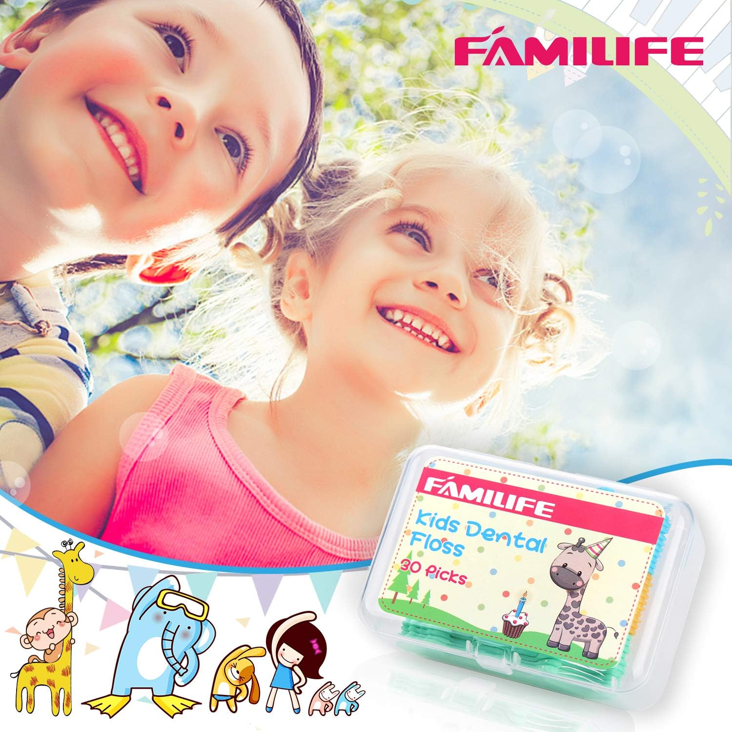 FAMILIFE Púas de hilo dental, 120 púas de hilo dental para niños sin flúor, púas de dientes con 4 estuches prácticos de viaje, ayuda a combatir la