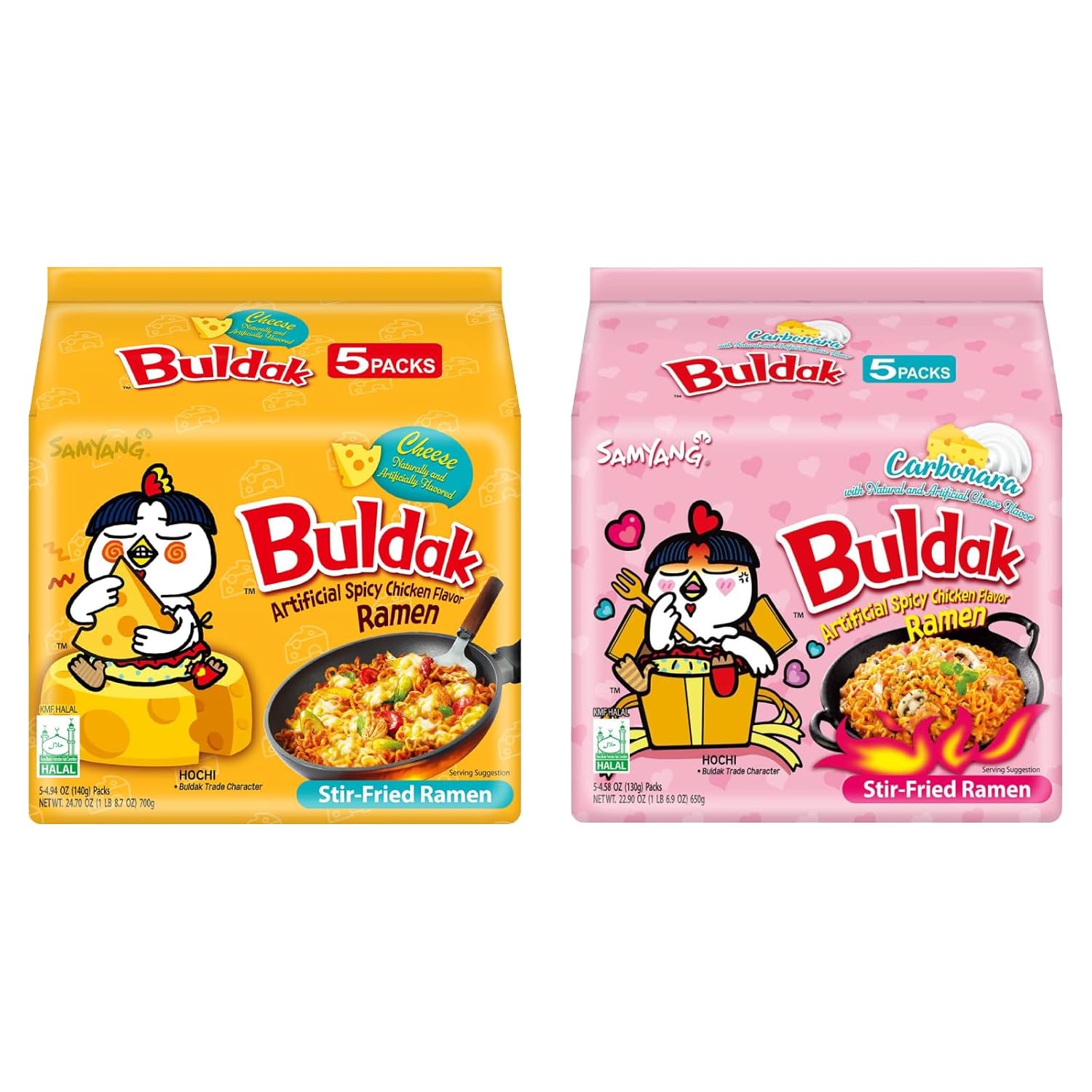 Samyang Buldak – Fideos de ramen de pollo picante picante, ramen coreano salteado, queso 4.94 onzas (4.94 oz) y carbonara 4.58 onzas (4.59 oz)