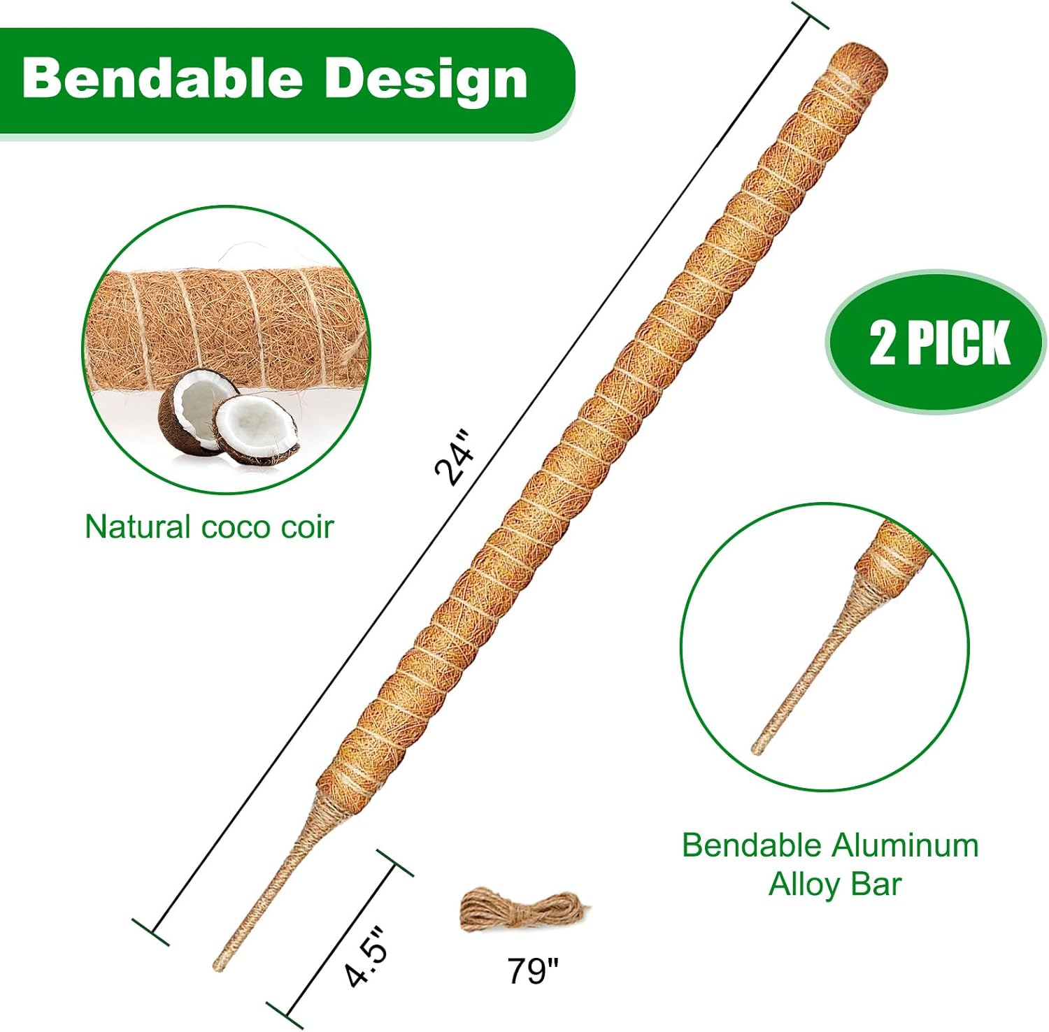 Joyhalo Poste de musgo para plantas, paquete de 2 estacas de soporte para plantas Monstera de 24 pulgadas, postes de musgo para plantas trepadoras,