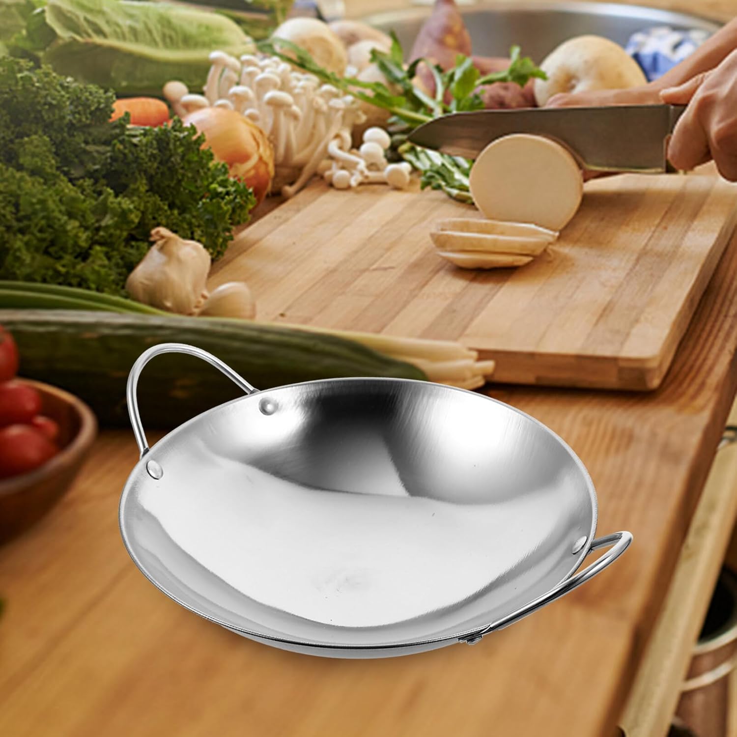 Kichvoe Wok Sartenes de acero inoxidable para freír Pow Stir Fry 2 piezas de fondo plano para uso diario con doble asa olla de cocina para placa de