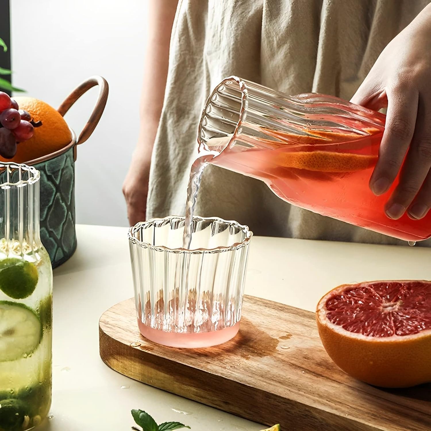 Juego de jarras de agua de cristal, jarra de agua de cabecera y juego de vidrio, con vaso de vidrio de 16.9 fl oz20.3 fl oz, resistente al calor,