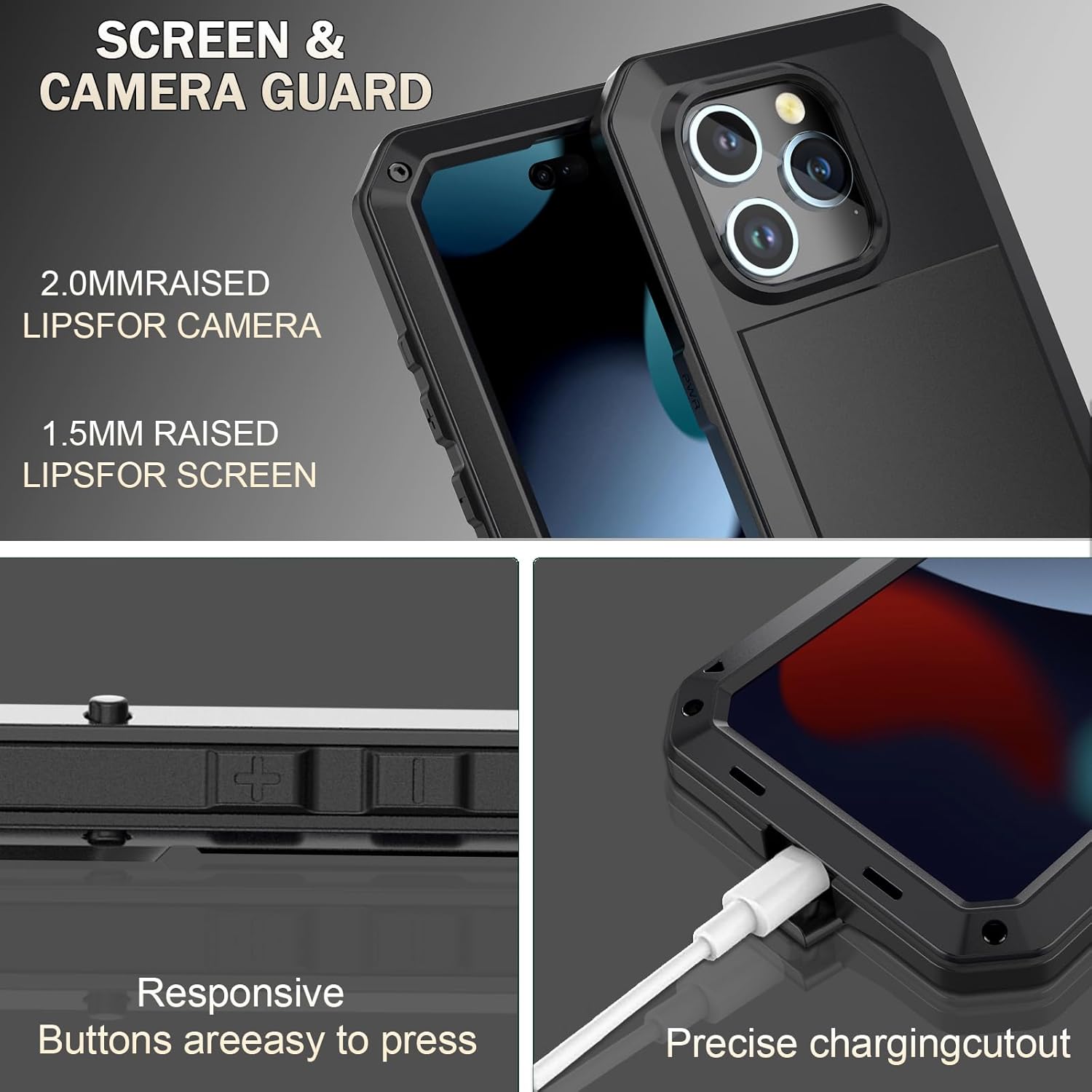 Marrkey Compatible con iPhone 15, funda protectora de cuerpo completo 360, resistente a los golpes, armadura resistente, funda de metal de aleación
