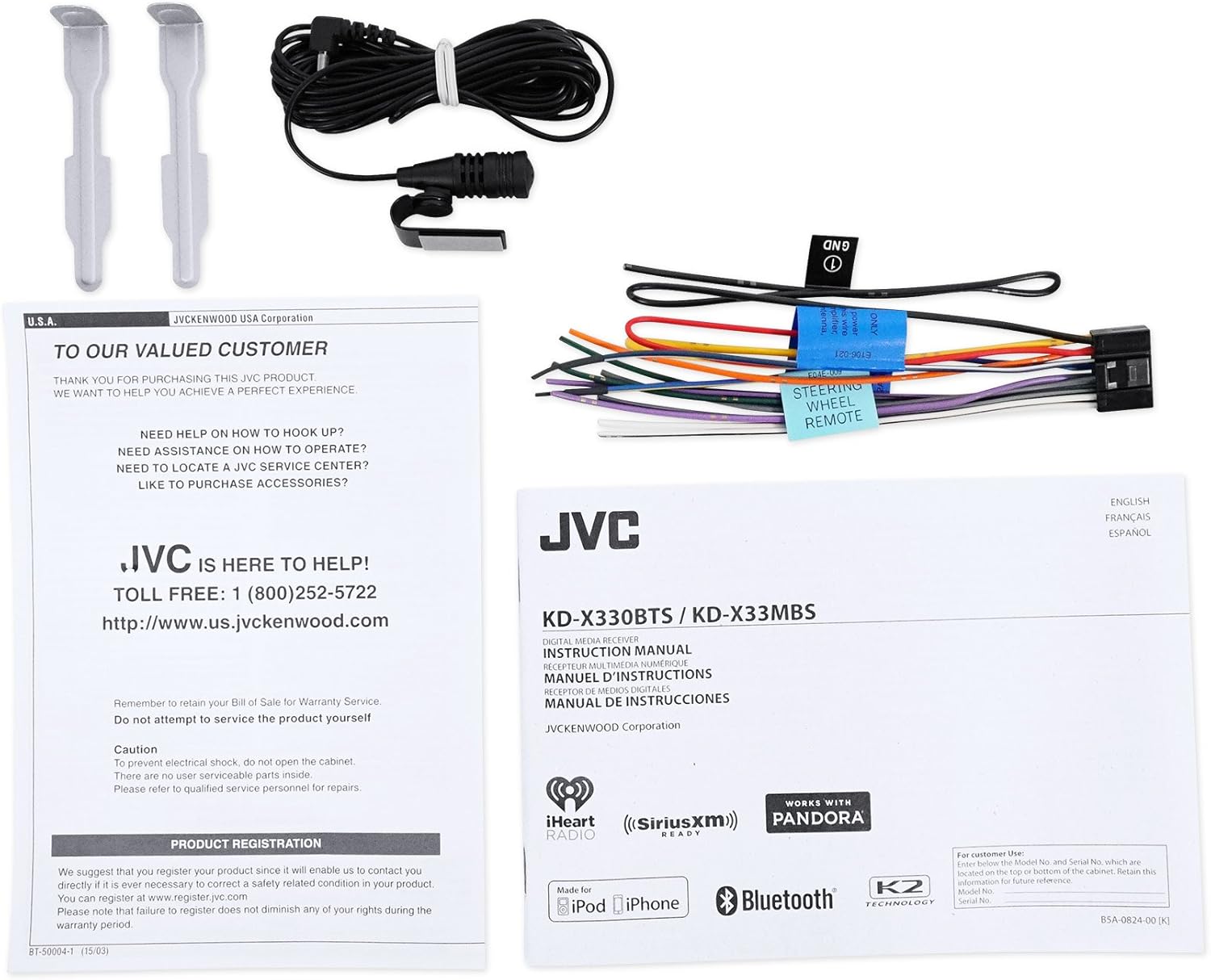 Paquete JVC KD-X33MBS – Receptor de medios digitales marinos de 1DIN con Bluetooth, USB y control Pandora + par de altavoces Kicker 41KM604W 6.5