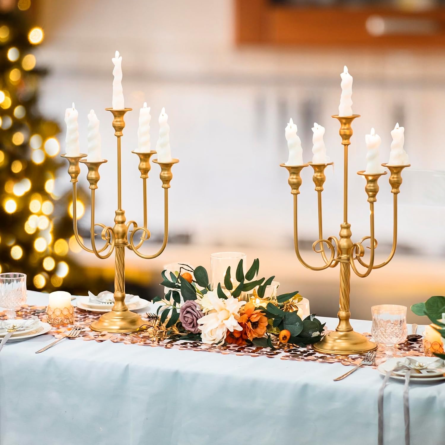 Centros de mesa dorados para mesas, 2 portavelas de boda con 5 ramas, soporte de pedestal de vela en espiral de metal para centros de mesa, fiestas,