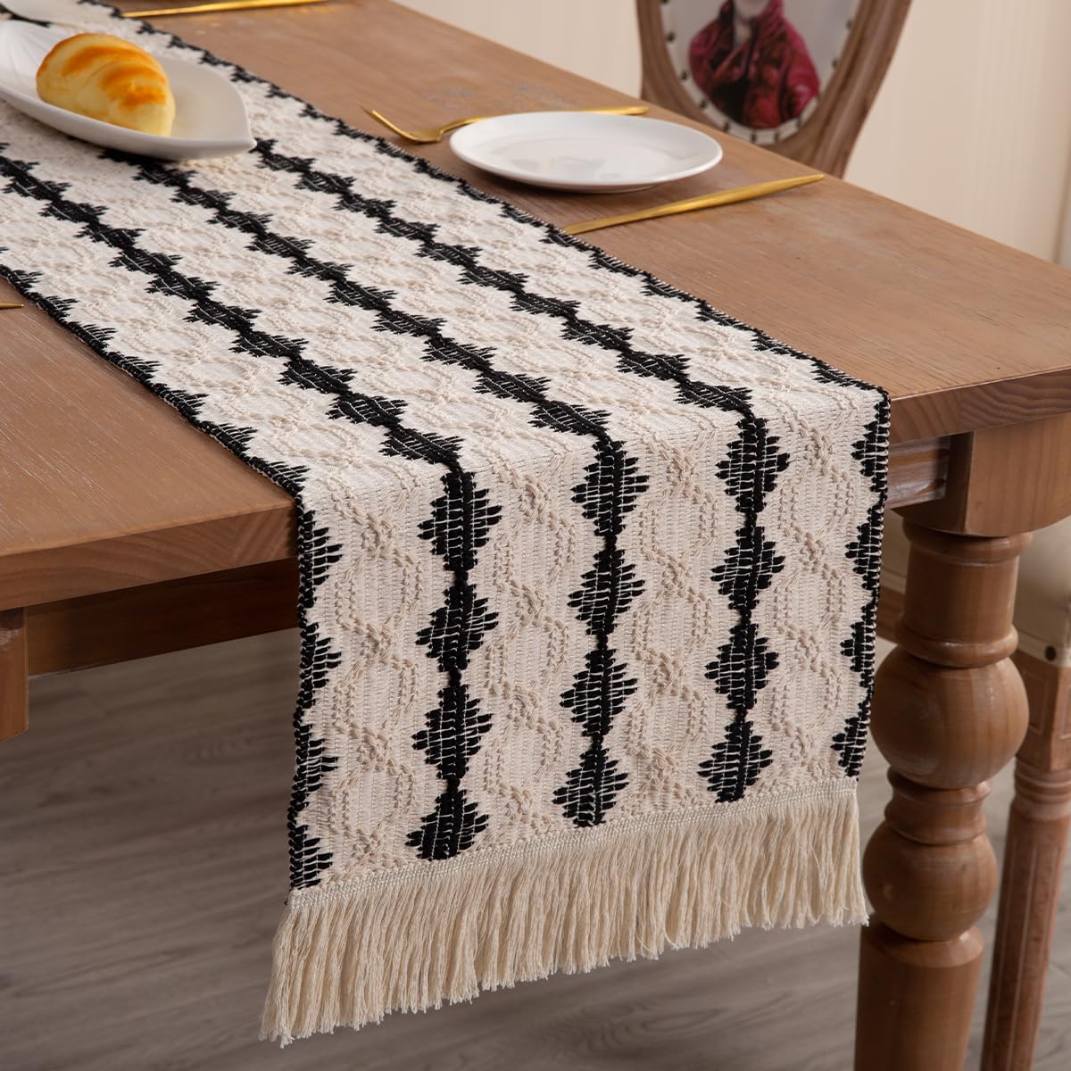 Camino de mesa, moderno camino de mesa de granja, camino de mesa a rayas negras y beige para mesa de comedor rústica bohemia (negrorombosB12x60)