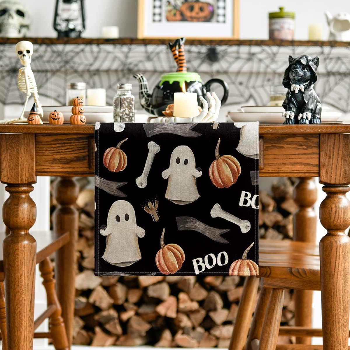Artoid Mode Camino de mesa de acuarela fantasma, calabazas, hueso, Boo, negro, temporada de otoño, espeluznante, Halloween, vacaciones, cocina,