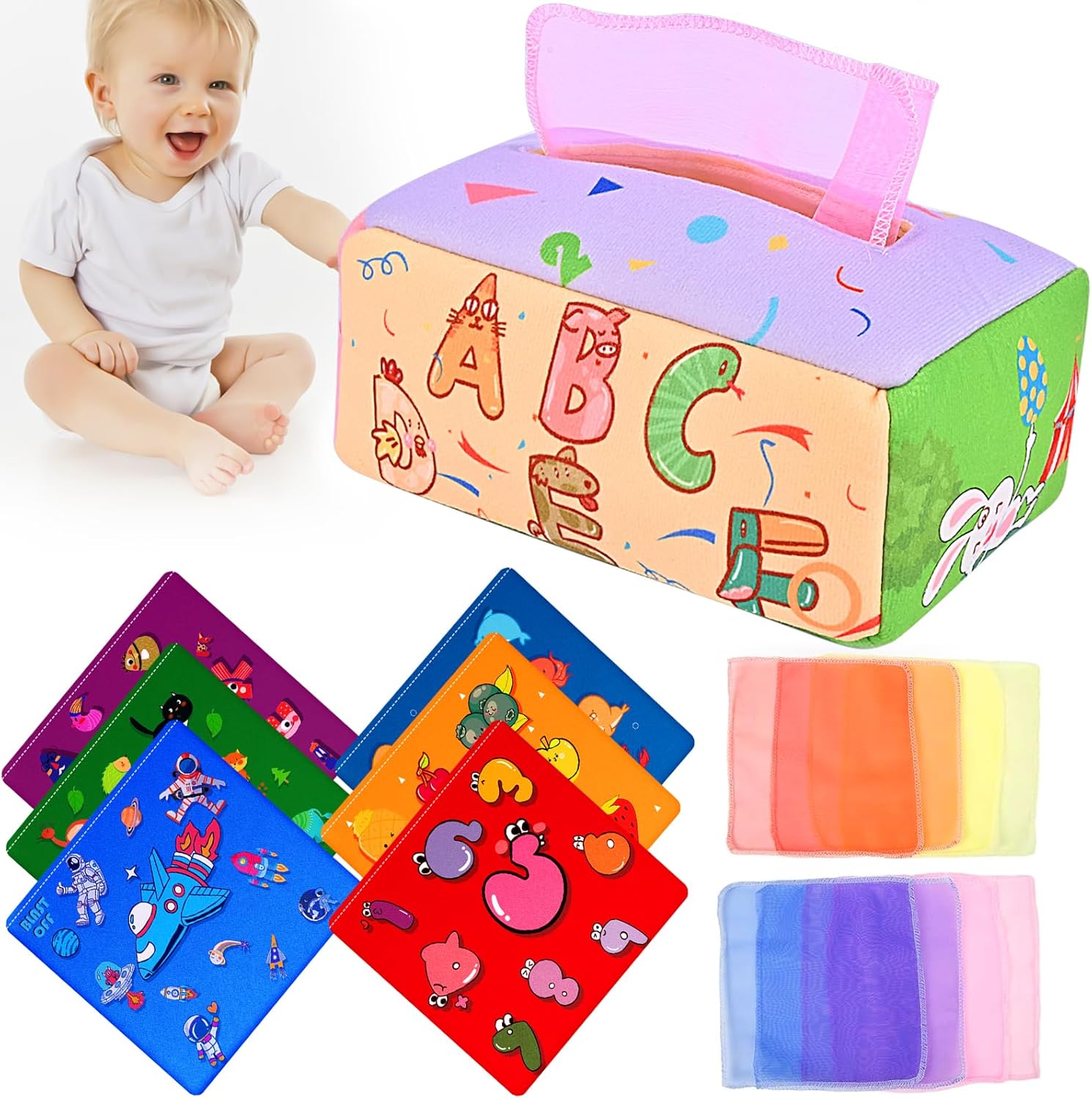 ANOOVV Caja de pañuelos para bebé, juguetes Montessori de 6 a 12 meses, juguetes Montessori para bebés, juguetes suaves de relleno de colores de