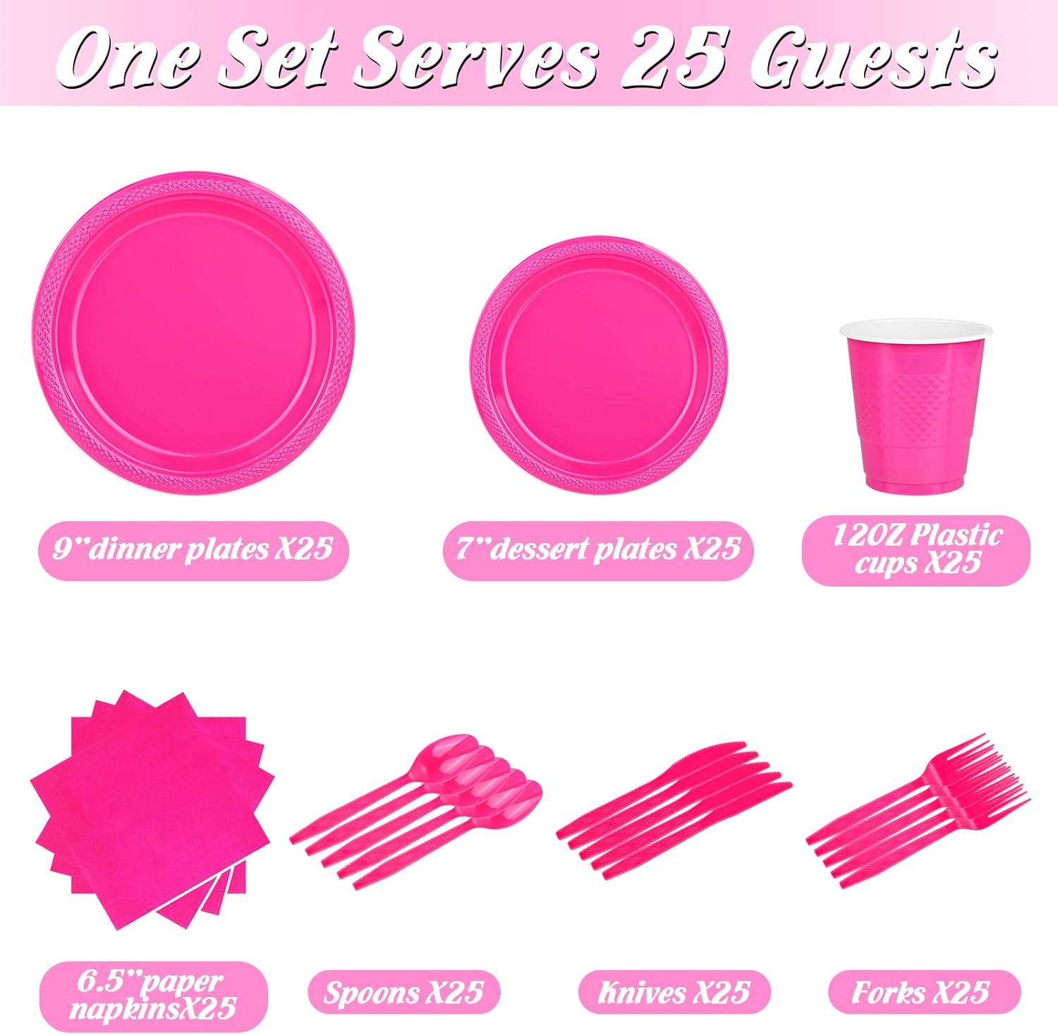 TWOWYHI 175 platos de plástico rosa intenso, suministros de fiesta para 25 invitados, color rosa intenso de 9 pulgadas, platos de plástico rosa