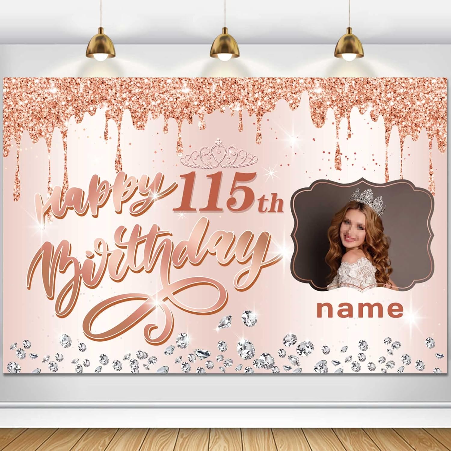 Cartel personalizable de oro rosa para decoración de cumpleaños número 115, personalizado con nombre y foto