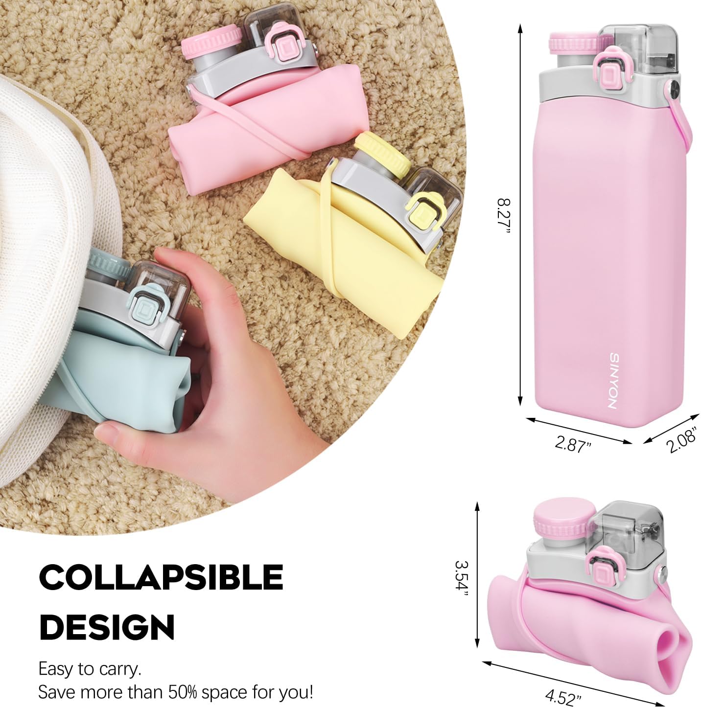 Sinyon Botellas de agua plegables, botella de agua reutilizable de silicona de 20 onzas con popote y correa, botella de agua deportiva plegable a