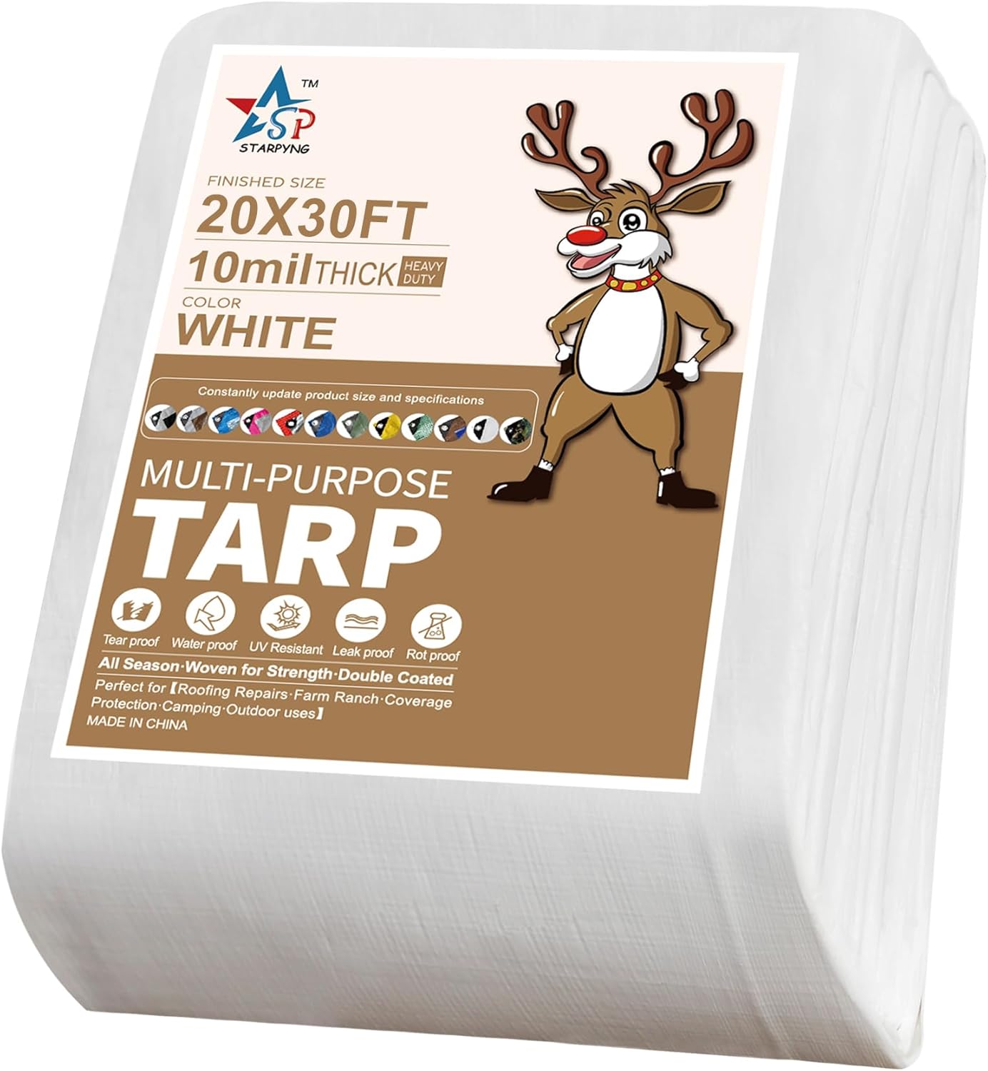 Cubierta de lona de polietileno blanco resistente de 0.394 in – Gruesa impermeable, resistente a los rayos UV, duradera, resistente a la intemperie,