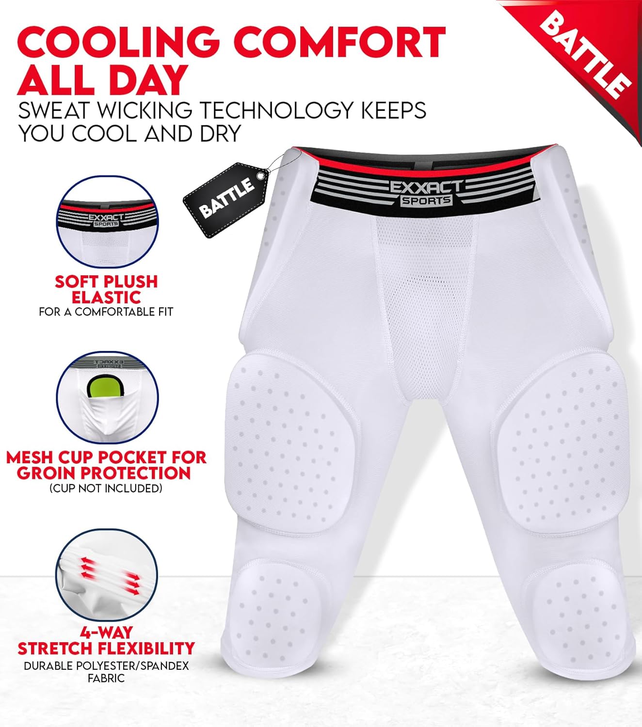 Exxact Sports Battle 7-Pad Football Girdle for Men & Boys – Finest Padded Compression Shorts, Mens Girdle Football with Cup Pocket, Adult & Youth