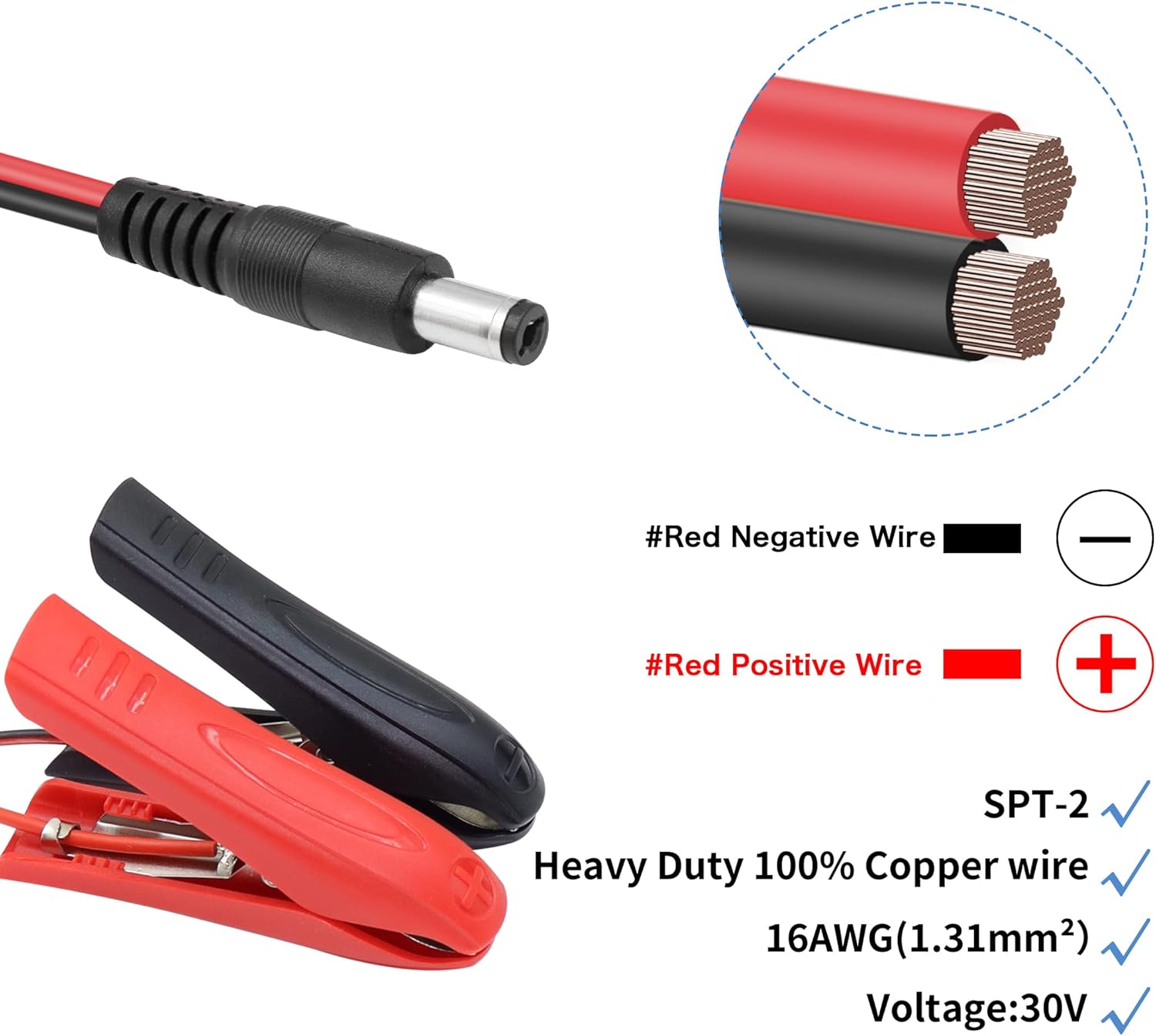 YACSEJAO Cable de pinzas de cocodrilo de batería de CC 5.5 de 0.083 in macho a batería, cable de extensión de 12-24 V con abrazadera de batería para